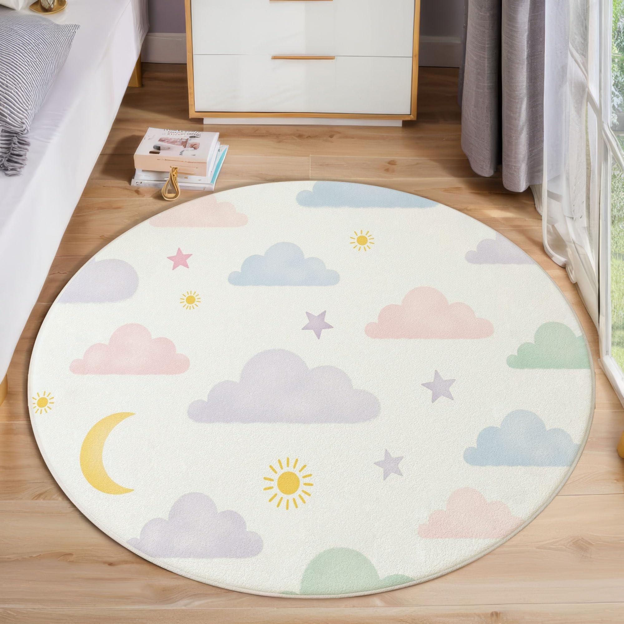 Tapis Poil Court Rond Thème De Bonne Nuit, Tapis Moelleux Imitation Cachemire Chambre Salon Nuages Et Lune Moquette Doux Lavable pour Salle à Manger Chambre D’Enfant (Blanc, 100cm)
