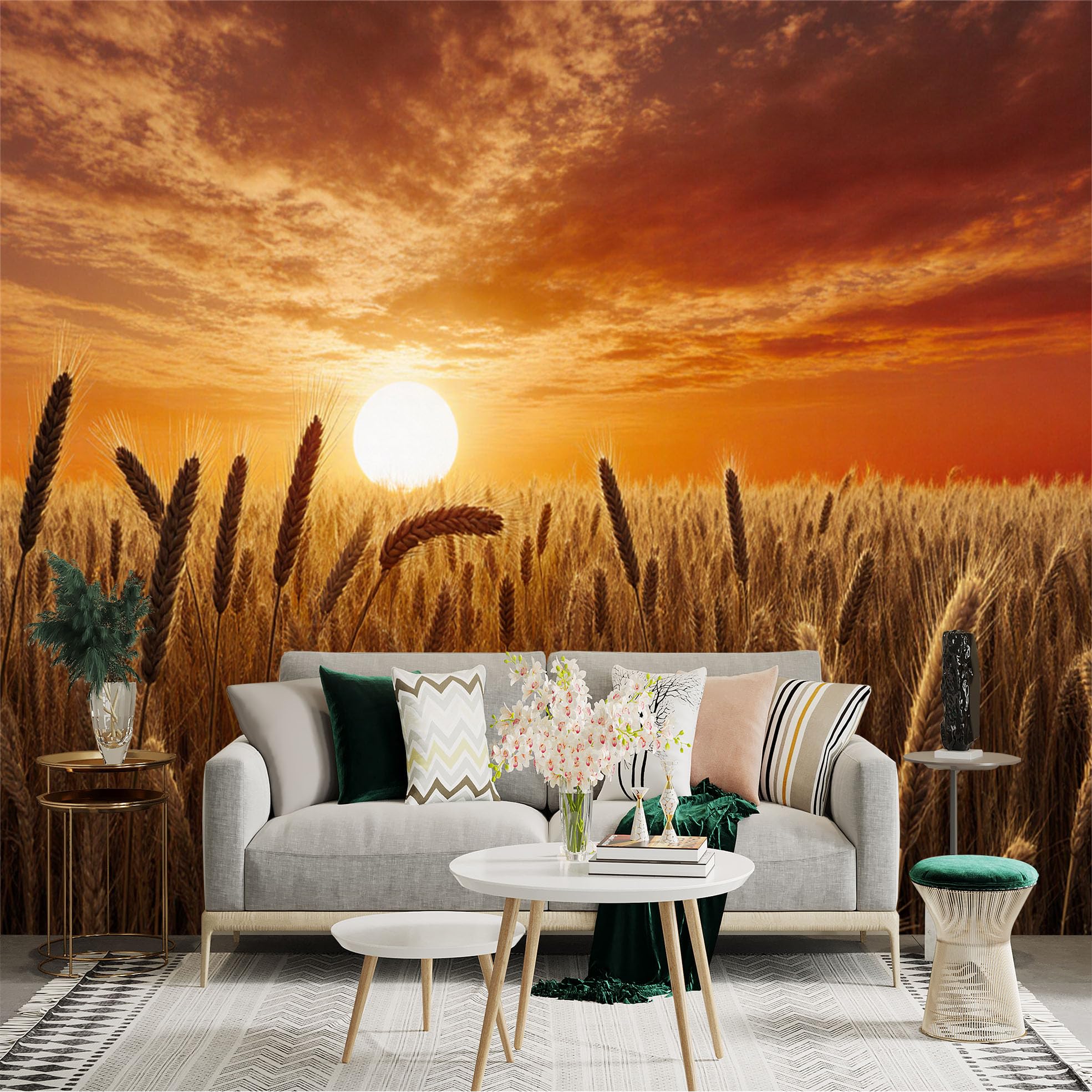Lnzczhyre Xc260505873 Custom Size Wall Sticker Mural， Golden Wheat Field At Sunset， Rural Harvest Landscape， Warm Summer Atmosphere， Agricultural Scenery， For Wall Decoration， Peelandstick Wall Decals.