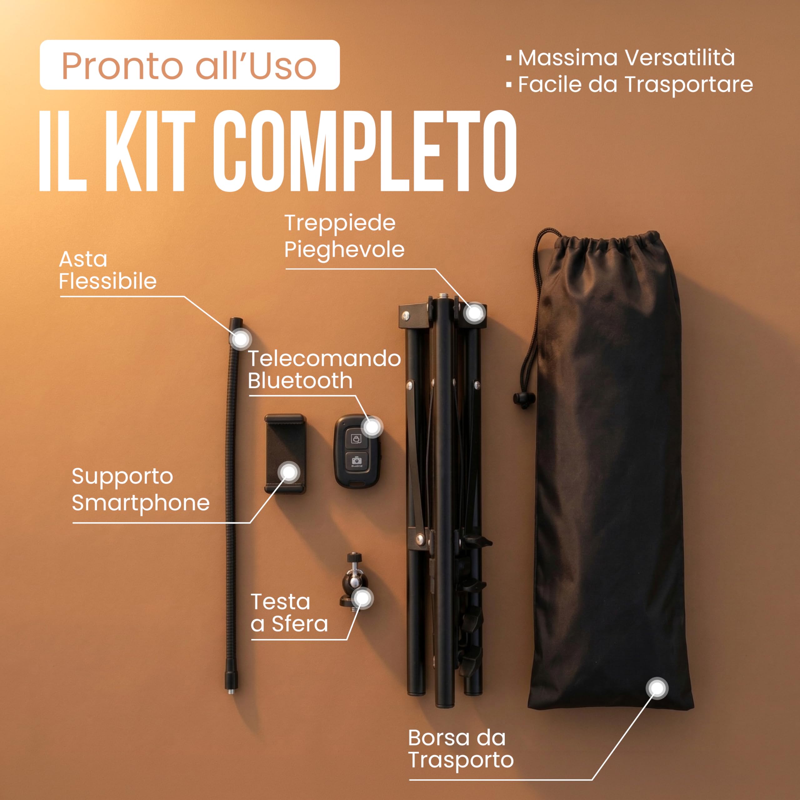 Treppiede Smartphone Stabile Regolabile Fino a 190 cm con Telecomando Bluetooth, Base Larga e con Testa 360°