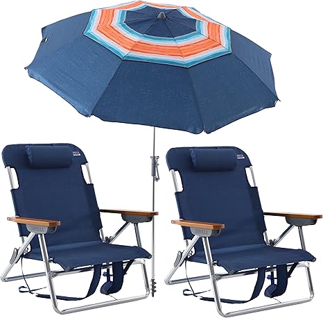 Amazon Com Sunvilla Beach 3 件式椅子和傘組 鋁製5 段位置附手提帶 內建頭枕 附沙灘傘 純藍色 露臺 草皮與花園 Amazon Com Sunvilla Beach 3 件式椅子和傘組 鋁製5 段位置附手提帶 內建頭枕 附沙灘傘 純藍色 露臺 草皮與花園
