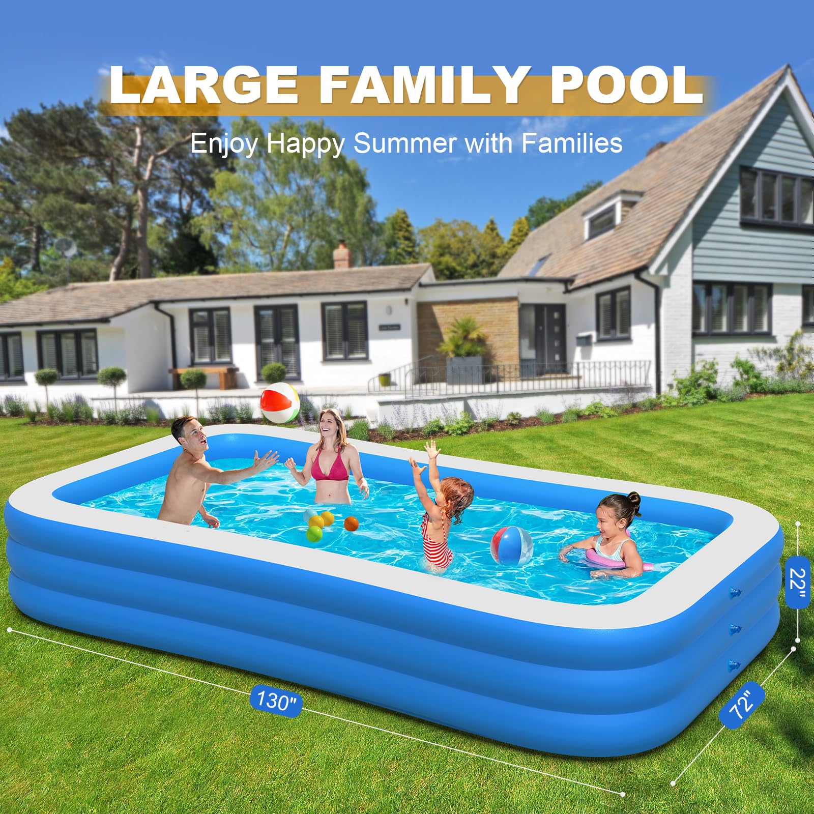 Extra Large Inflatable Swimming Pool with Pump,Blow Up Inflatable Pool for Adults, 130"x72"x22