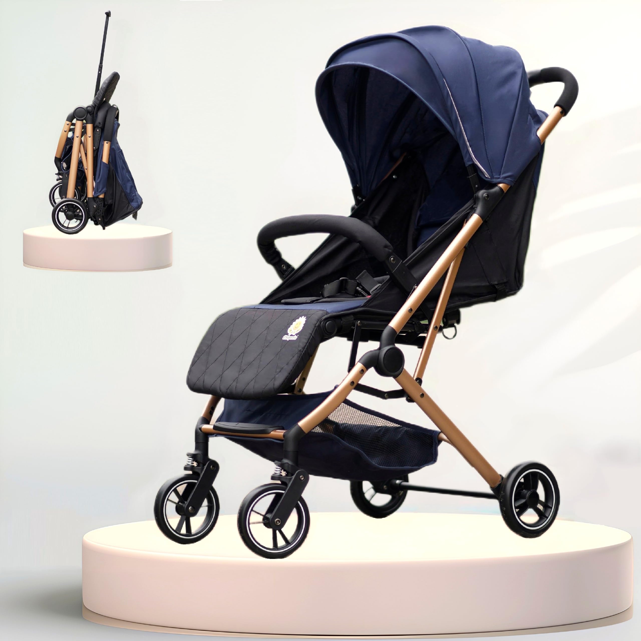 Chipzzie Baby Stroller Pram with Elegant Rose Gold Frame | Lightweight & Travel-Friendly | One-Hand Easy Fold | Full Recline & 5-Point Harness for Newborns, Infants & Toddlers [0-3 Years] (Travel Mate - Blue with Rose Gold Tubes)-image-3