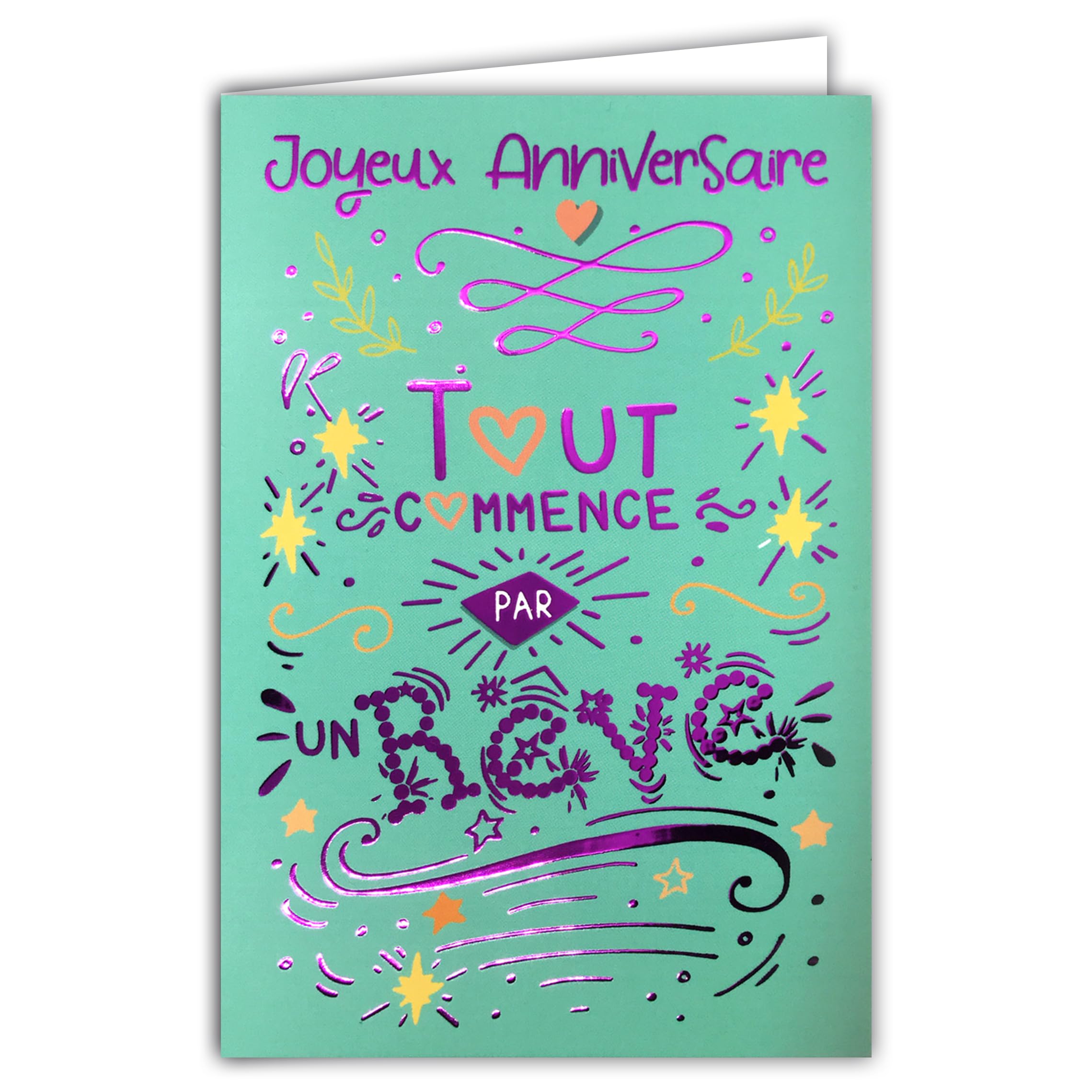 69-9054 Happy Birthday Card Everything Starts with a Dream in Colours Secret of Happiness Text Fuchsia Pink Shiny Stars Hearts + Envelope 12 x 17.5 cm – Creation Print Made in France