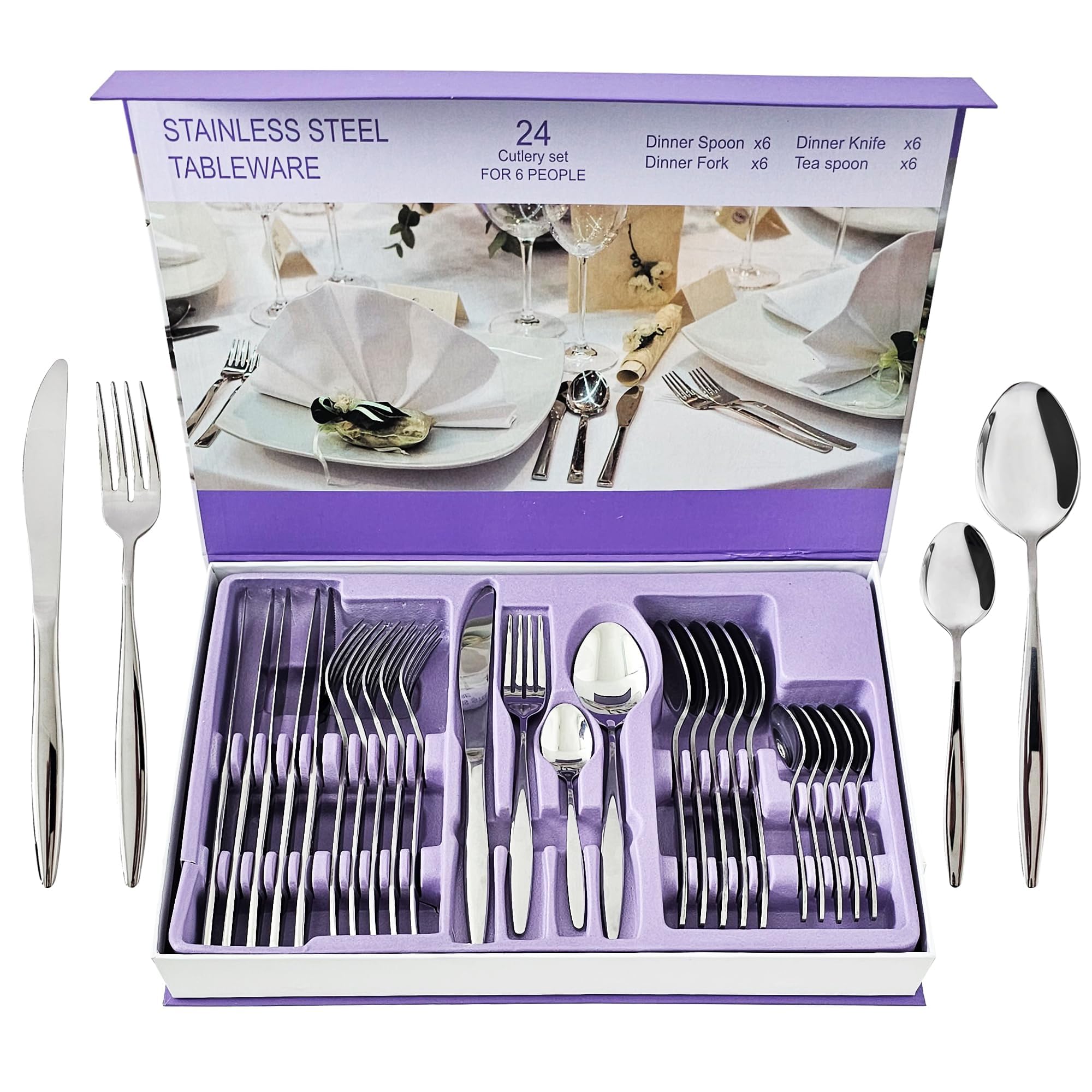 24-Piece Stainless Steel Silverware Set for 6, Stylish New Home Essential Kitchen Spoon and Fork Set, Mirror-Finish Sliver Flatware Cutlery Set for Home and Restaurant, Great Gift for Family & Friends