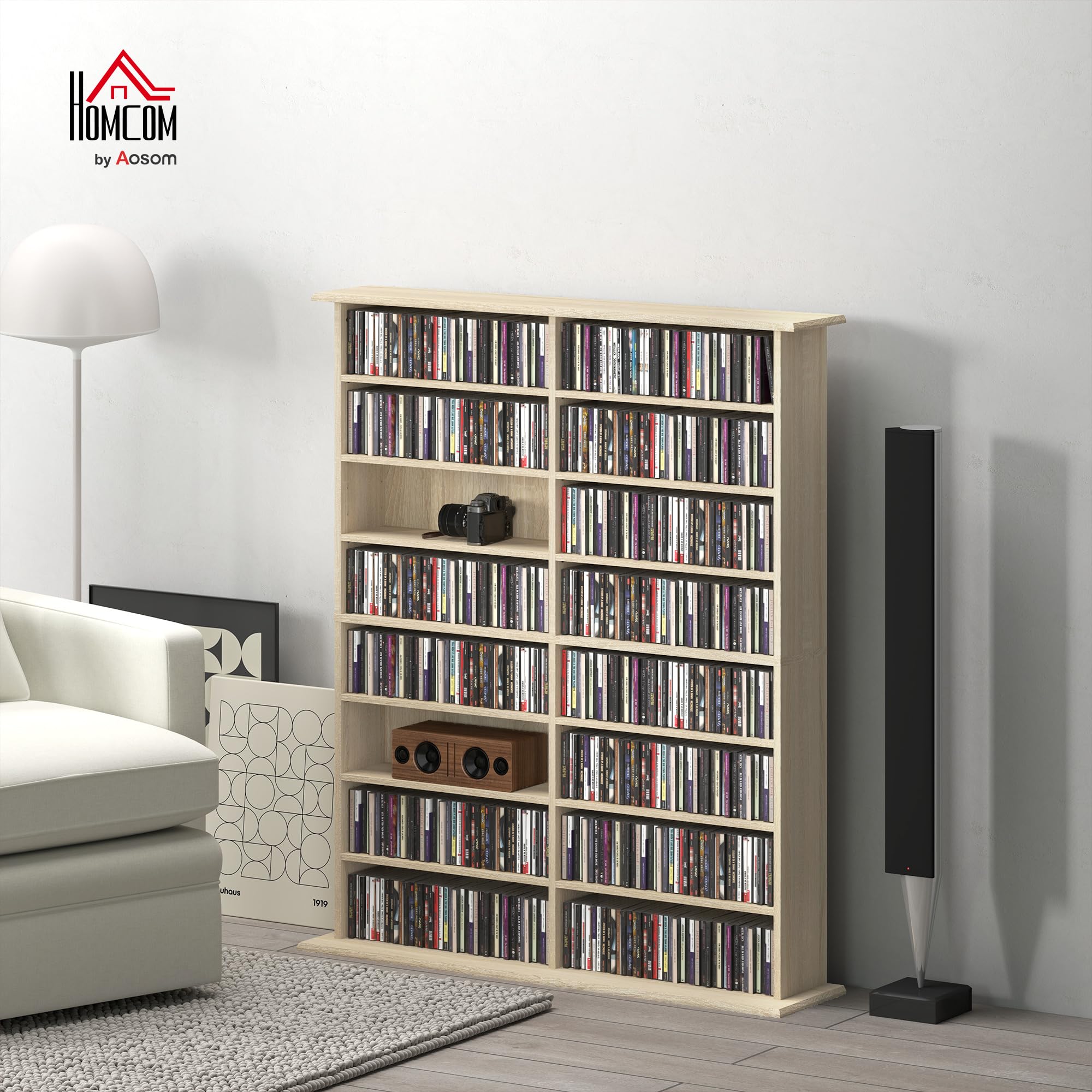 Unidad de almacenamiento de CD y DVD HOMCOM, unidad de almacenamiento multimedia con 16 compartimentos y 12 estantes ajustables, capacidad máx. 720 CD/396 DVD y Blu-ray, 106,5 x 24 x 123,7 cm, madera