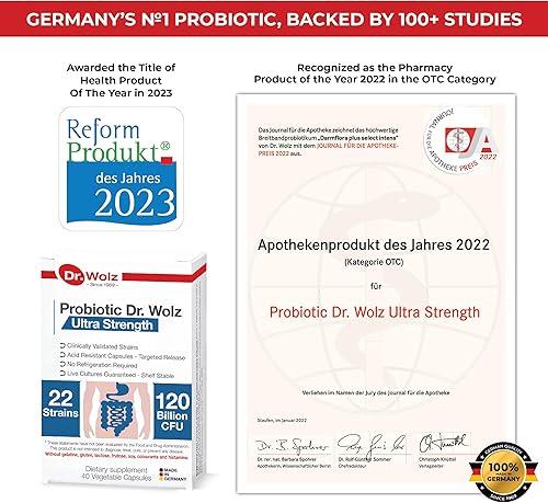 Miniatura 5 de Probióticos diarios alemanes prémium para mujeres y hombres, 120 mil millones de UFC, 22 cepas, cápsulas probióticas veganas para el intestino y
