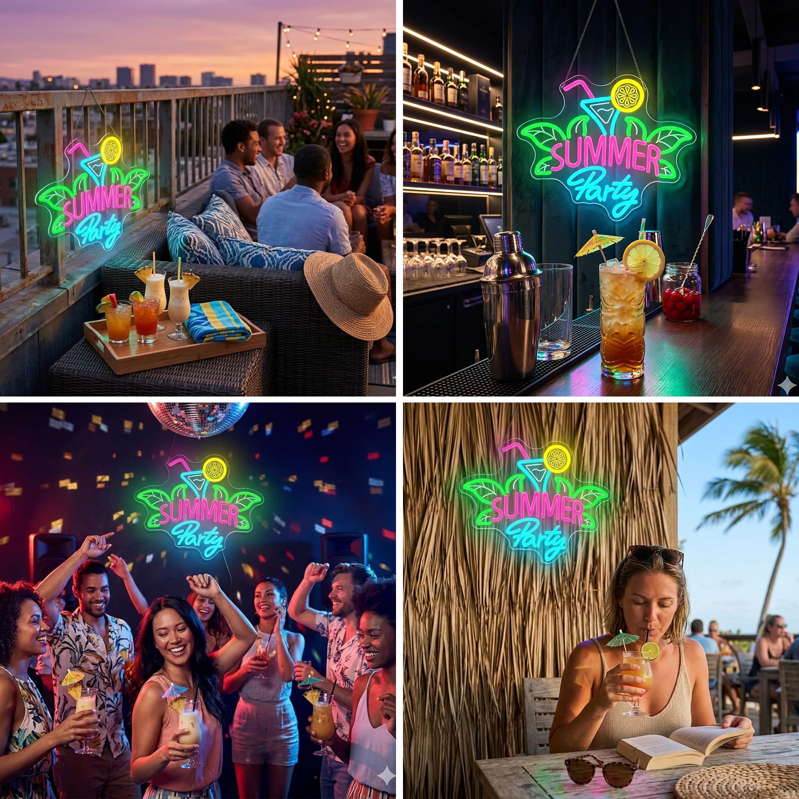 Sommerparty Neon Schild für Wanddeko, Martiniglas mit Strohhalm, Zitronenscheibe und Tropische Blätter LED Leuchtreklame für Cocktailbars,Poolpartys, Sommerfeste, Strandurlaube(Sommerparty)