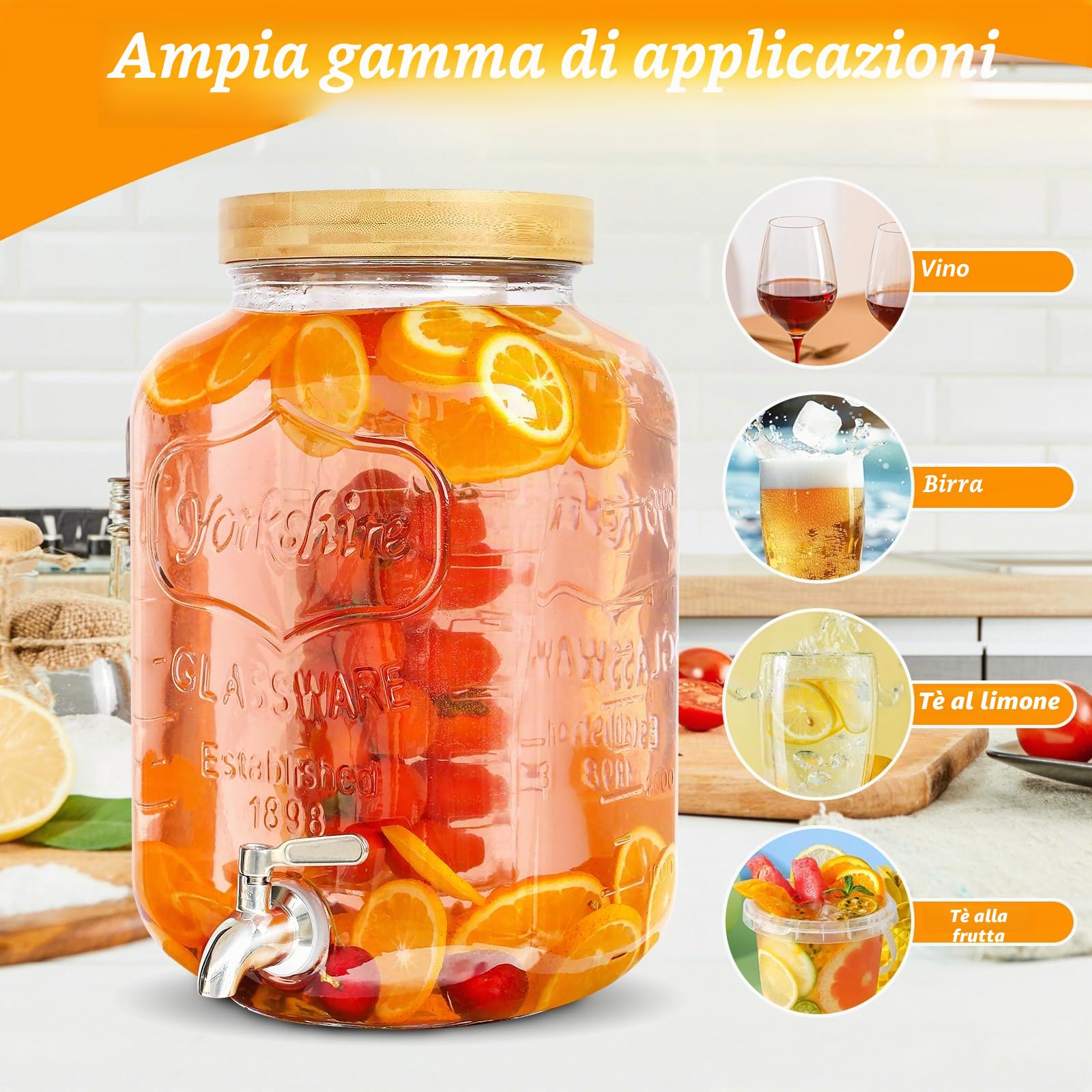 Dispenser per bevande da 7,6 l con supporto, dispenser in vetro con rubinetto in acciaio inox massiccio per succhi ghiacciati, acqua, bevande fatte in casa, feste, matrimoni