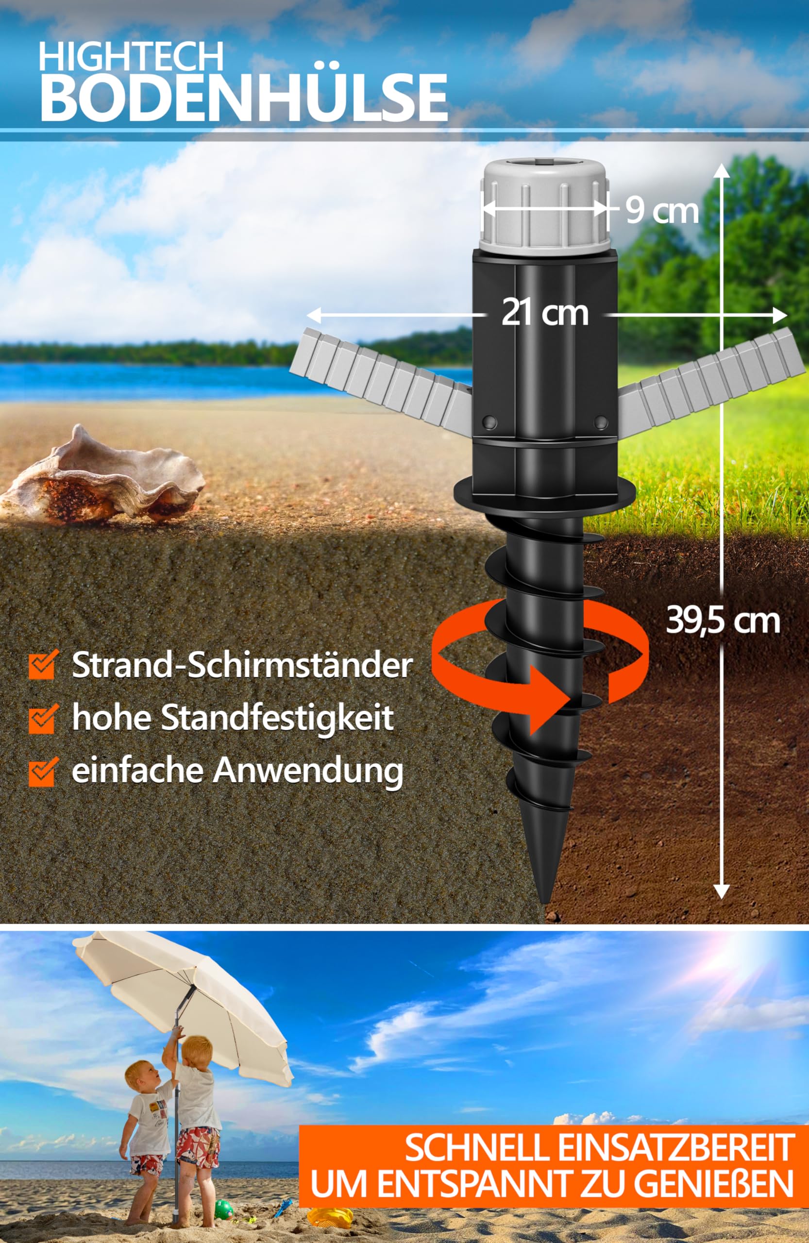 4smile Sonnenschirm Strand SunnyJoy, 3-in-1 SET, Beige - UPF 50+ Strandschirm Ø 180 cm + Sonnenschirm-Bodenhülse + Sonnenschirmhülle - Komplettes Sonnenschutz Strand Set