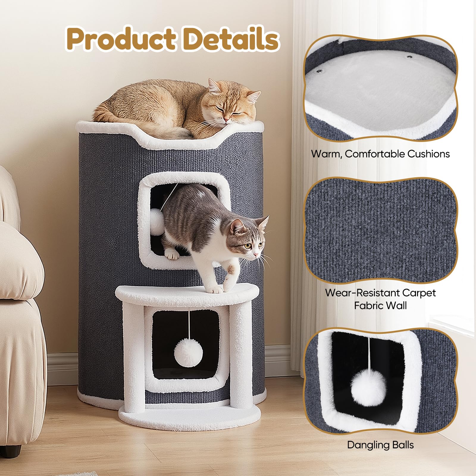 Cuccia per gatti a 3 piani, con tiragraffi e piattaforma per gatti da appartamento, con 2 grotte e piattaforma di visualizzazione, mobili per gatti con palla da gioco, 43 x 62 cm, grigio