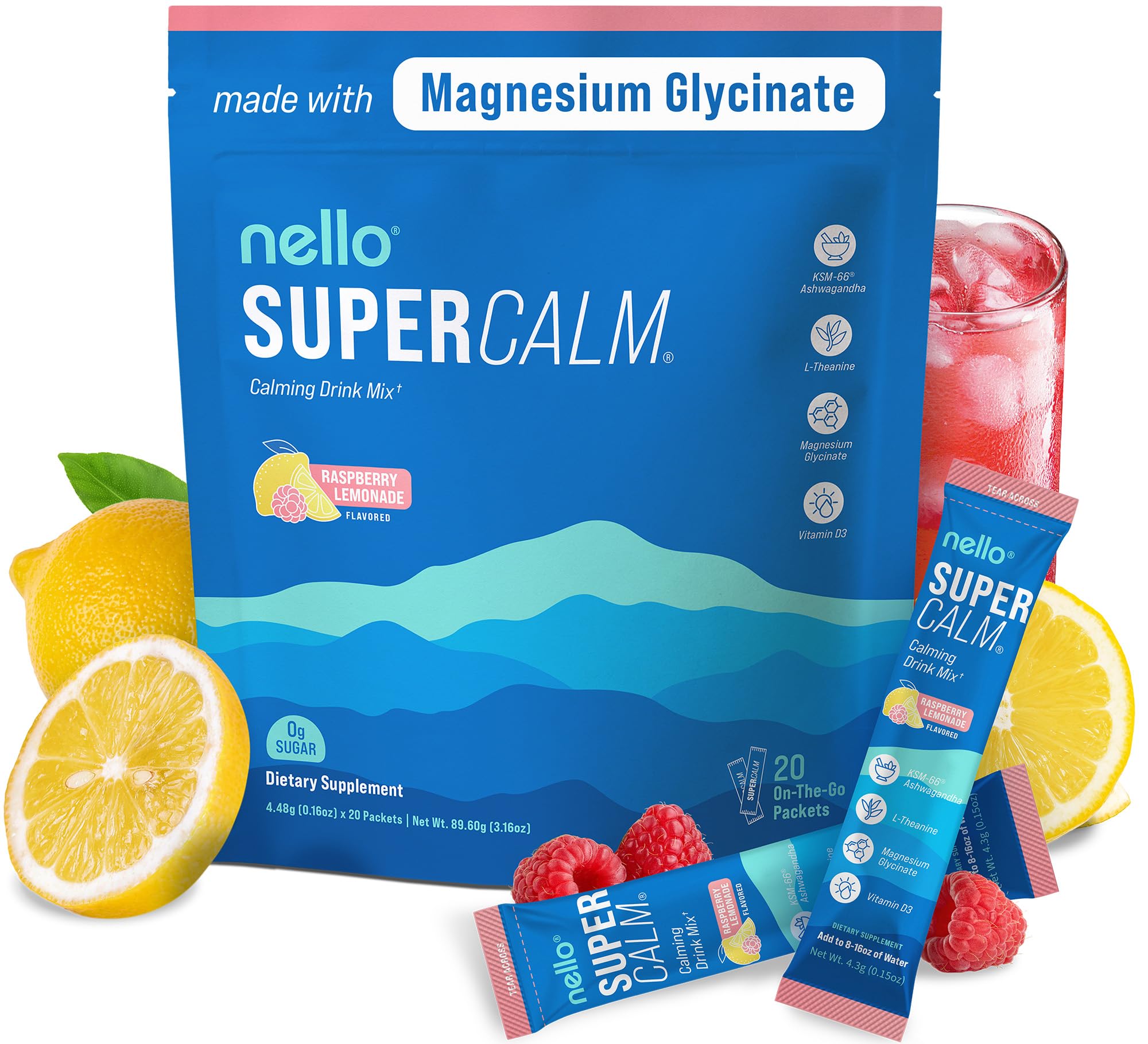nello supercalm powdered drink mix raspberry lemonade l theanine ksm-66 ashwagandha magnesium glycinate vitamin d 3 supplements for relaxation amp focus no sugar non gmo on the go 20 ct
