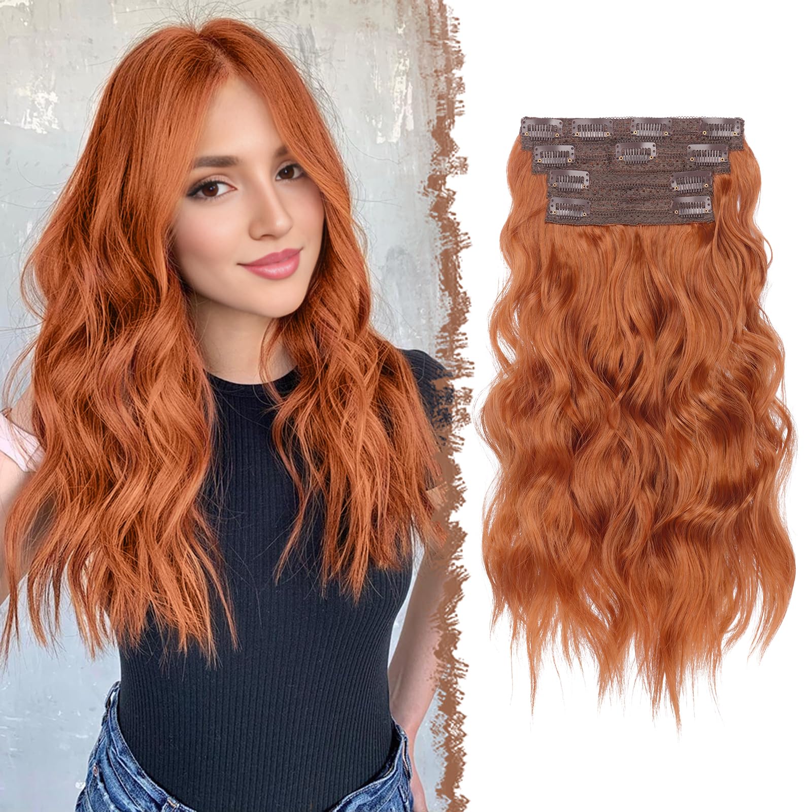 FESHFEN Clip in Hair Extensions 4PCs Long Wavy Thick Hair Piece Highlighted Full Head Synthetic Natural Curly Copper Red Extension for Women 16 Inch