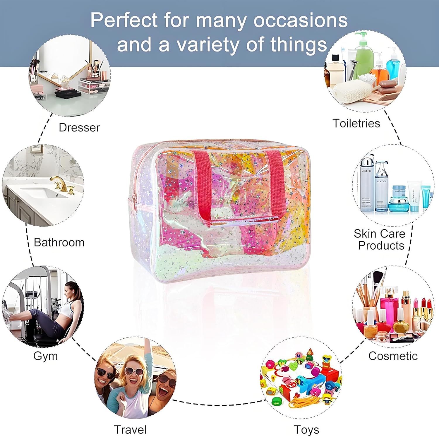 TPU Holographic Pink Clear Star Large Cosmetic Bag and Travel Pouch with Handle,Durable TPU Material,Zipper Design-Ideal for Makeup,Travel Essentials (Holographic pink) - Image 4