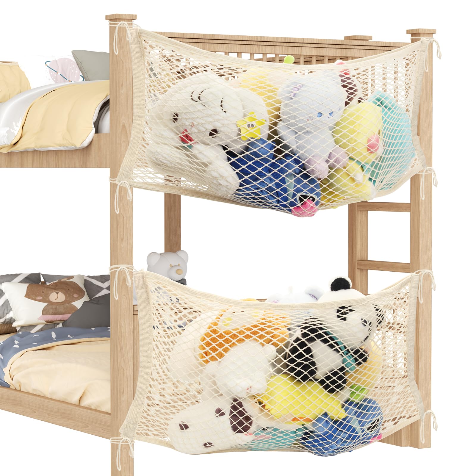 Filet de Rangement Peluches pour Bord de Lit en Coton, Hamac Jouets Style Bohème Chic, Beige, Lot de 2