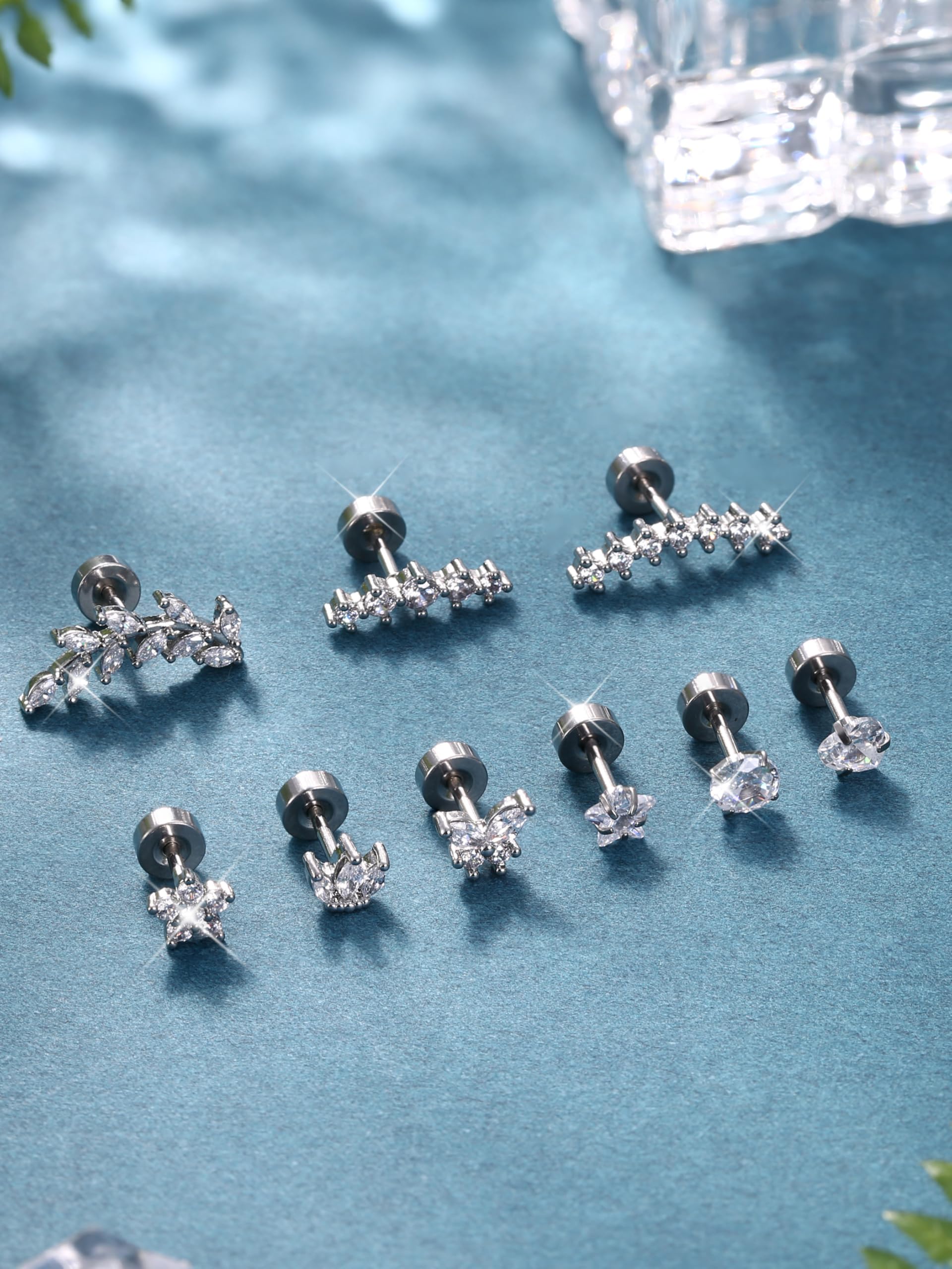 Diamday 9Pcs Piercing Orecchio Acciaio Chirurgico Orecchini Donna Anallergici Helix Trago Piercings Set Orecchini Cartilagine Argento Oro Piercing Helix Trago Conch Gioielli