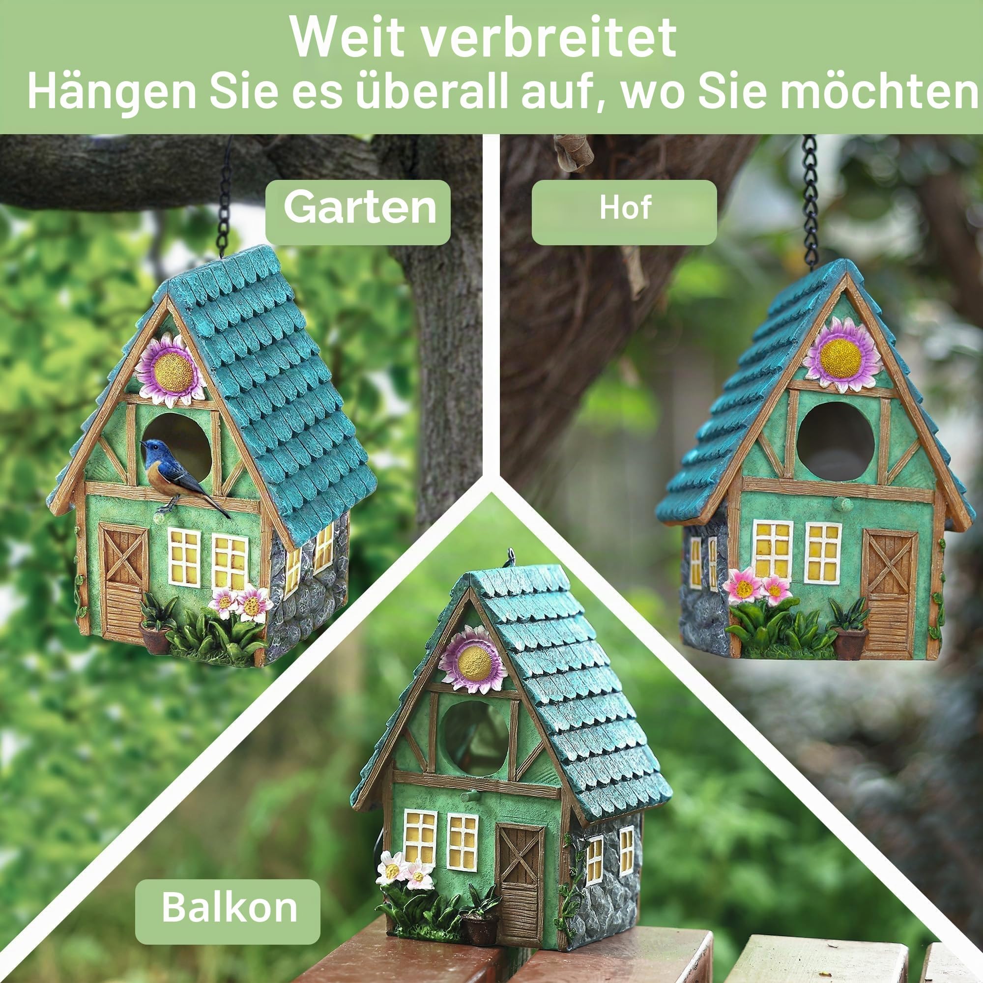 Vogelhaus für Draußen, Attivolife Bunte Vogelnistkästen aus Kunstharz mit Kette zum Aufhängen, als Dekoration für Garten und Hinterhof, Ideal für Blaumeisen Finken, Geschenk für Vogelfreunde Familie