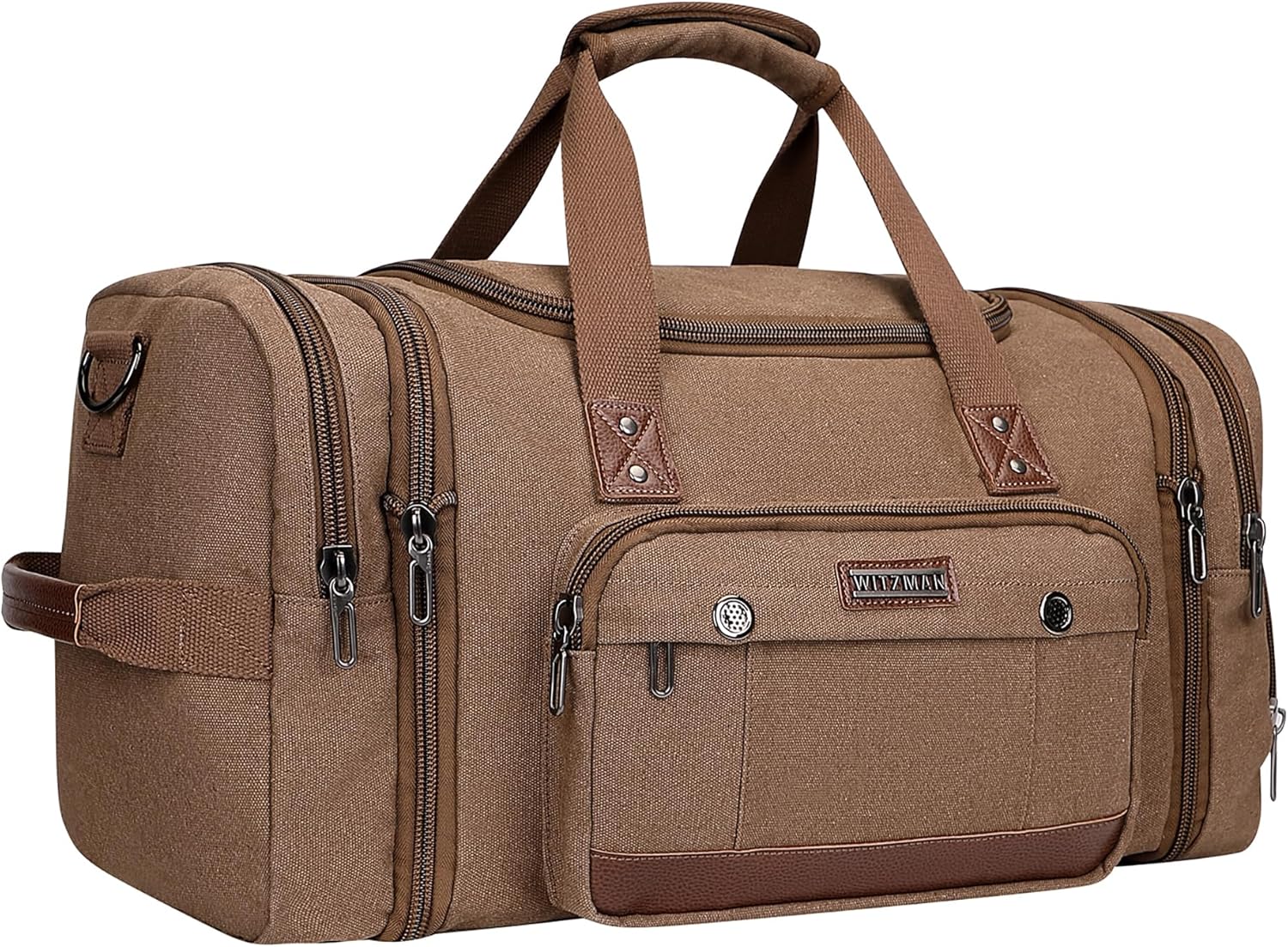 WITZMAN Mens Duffle Bags for Traveling Canvas Weekender Travel Bag Expandable Overnight Bag Carry on Bag(A8007 Brown)