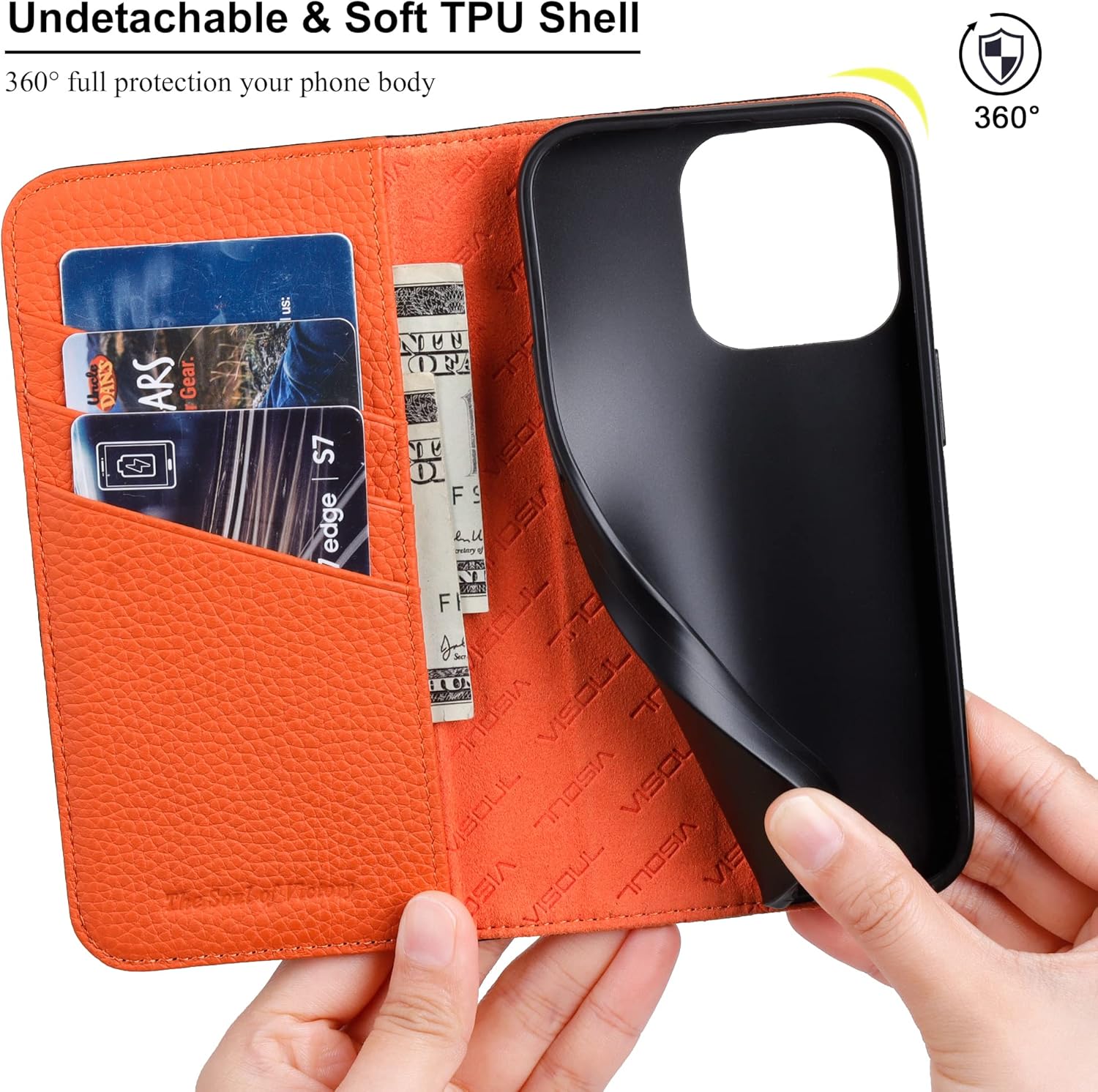 VISOUL Pebbled Real Leather Case for iPhone 15 Pro Wallet Case with Card Holder, Magnetic Kickstand Flip Folio Cover Compatible with iPhone 15 Pro(6.1-inch)(Black+Orange)