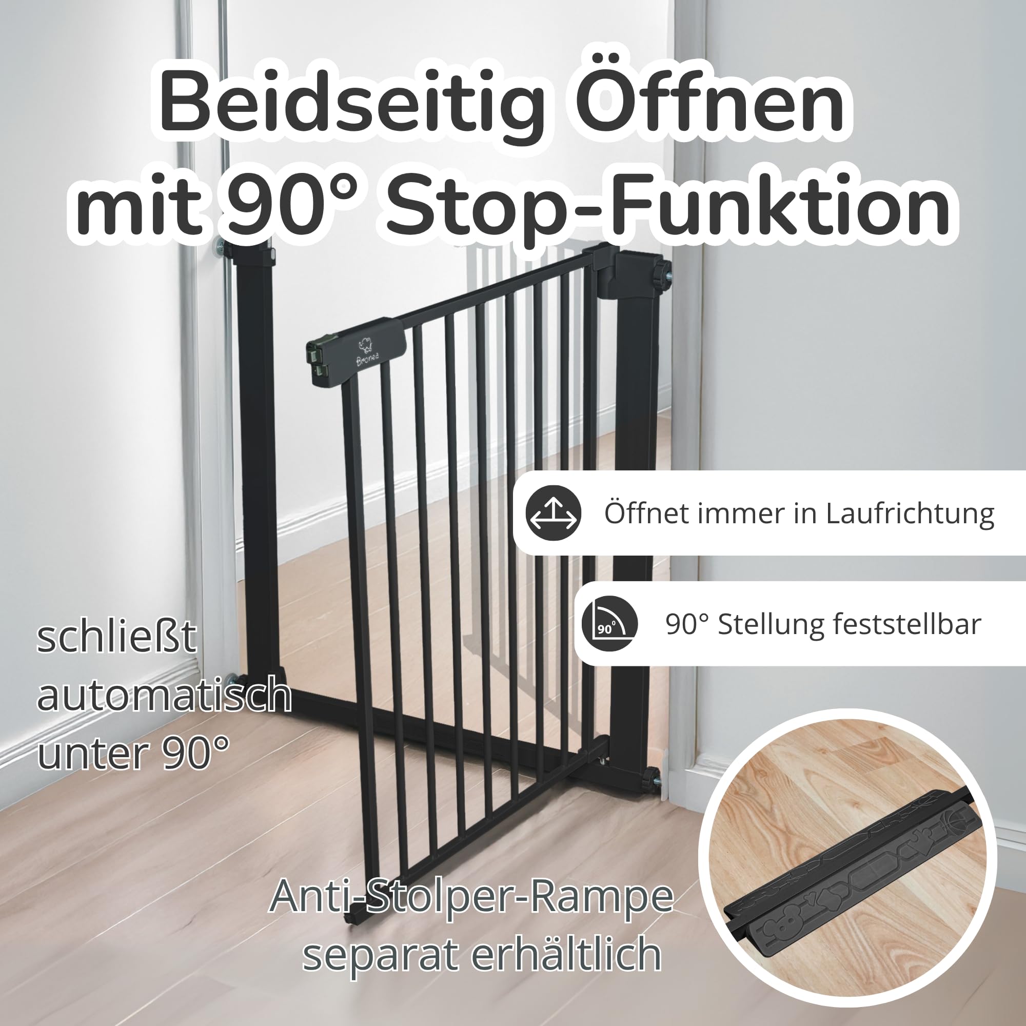 Luca Treppengitter ohne Bohren | Türgitter & Treppenschutzgitter zum Klemmen | verlängerbar 75-194 cm | Auto-Close, 90° Stop, beidseitig schwenkbar (152-159 cm)