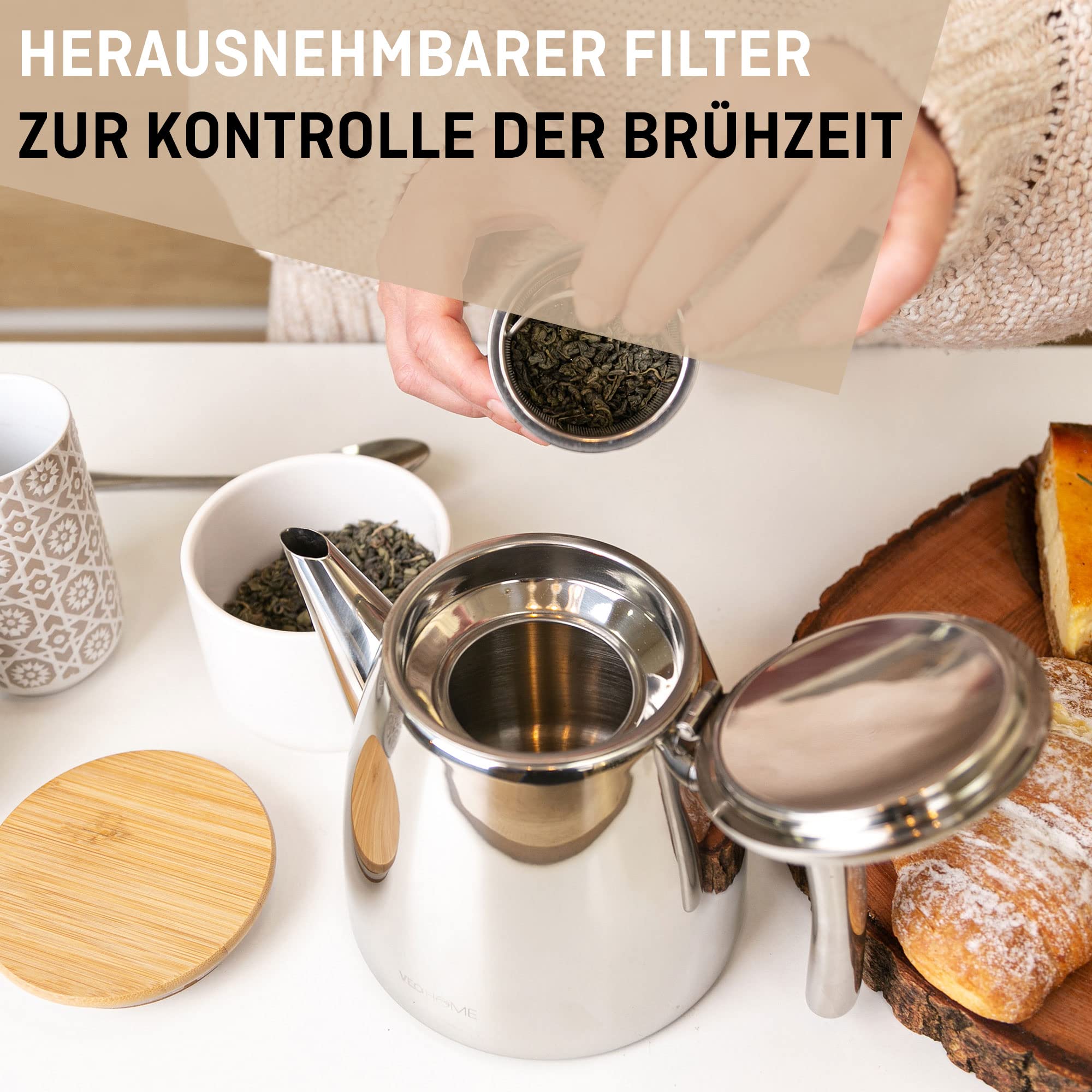 Teekanne aus rostfreiem Edelstahl (0,5L) - Mit Tee-Ei für losen Tee Siebeinsatz - Die doppelwandige Isolierung hält Tee länger warm (0,5 L)