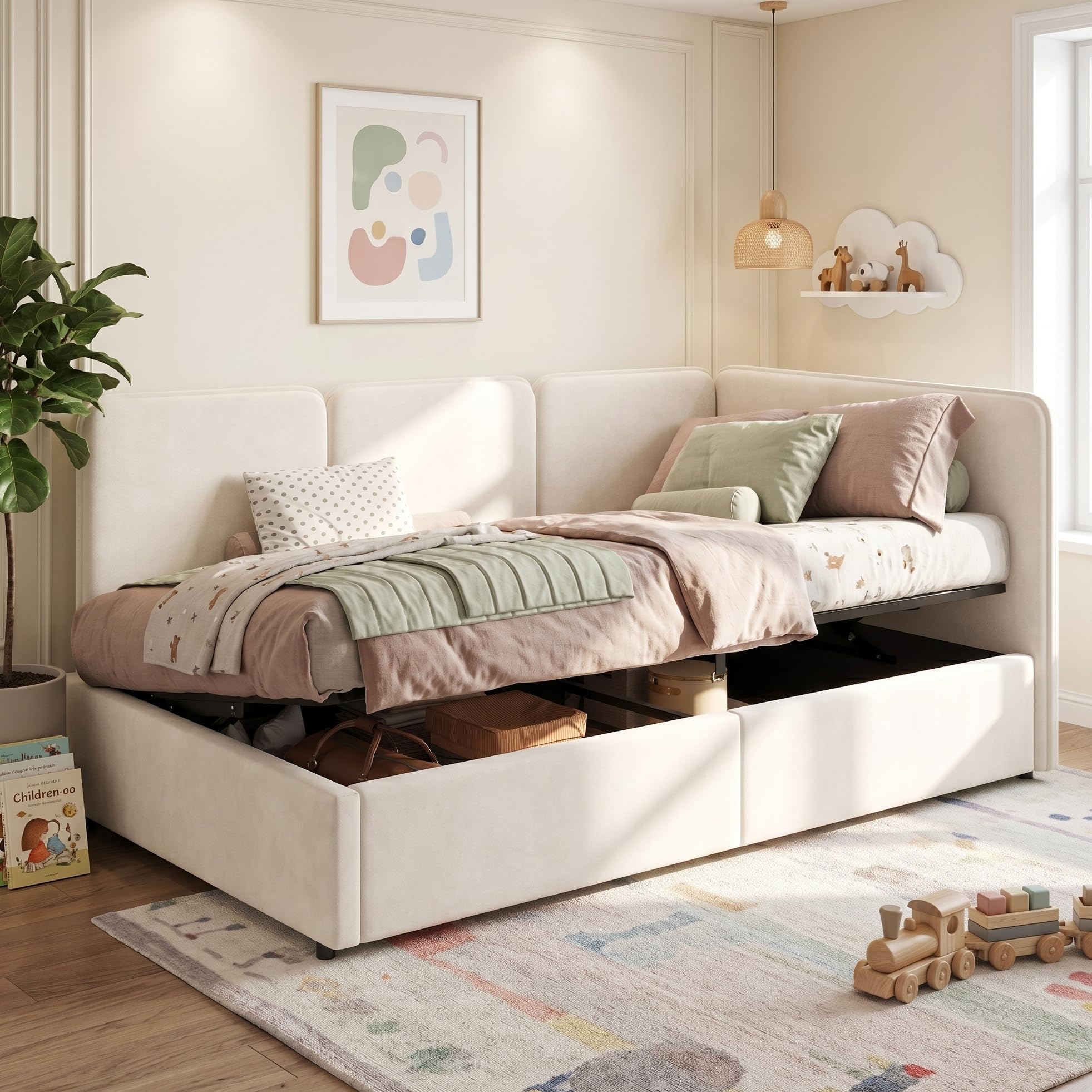 Mrwoo 3ft Single Daybed with Hydraulic Lift Storage, Velvet Ottoman Bed for Bedroom, Living Room, Reversible Chaise Design, Beige, 90x190cm, (No Mattress)