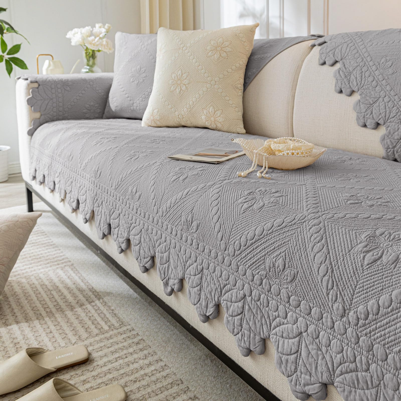 XSlive Cotton Quilted Dog Couch Cover Grey