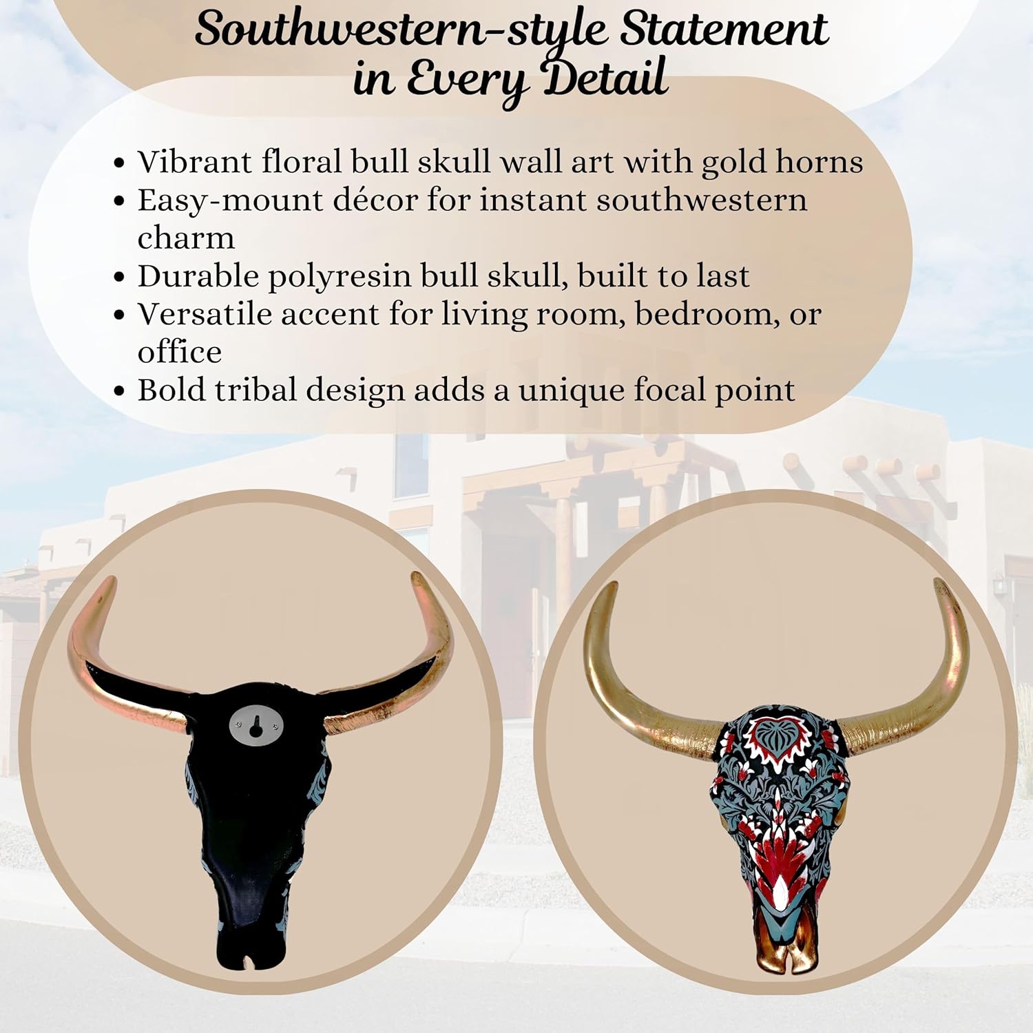 BestGiftEver Southwestern Bull Head Skull Wall Art with Floral Paint - Colorful Tribal Bull Steer Cow Skull Wall Hanging Art Decoration with Gold-Tone Painted Horns