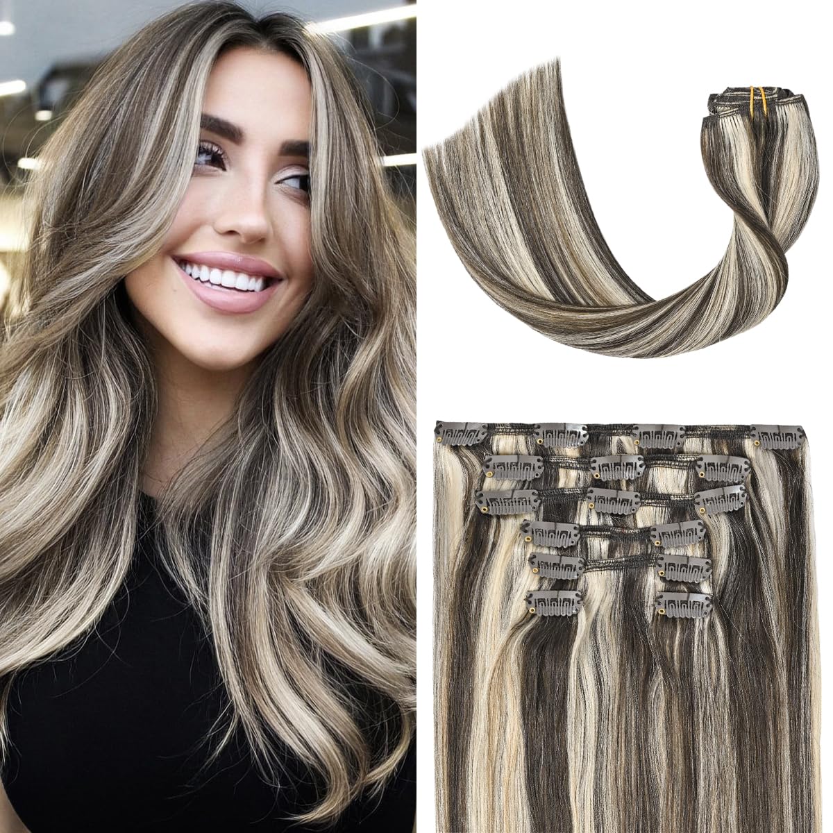 UGOTRAYS Clip in Hair Extensions Dark Brown Mixed Bleach Blonde Highlight Hair Extensions 18 Inch 70g 7pcs Straight Real Human Hair Extensions Double