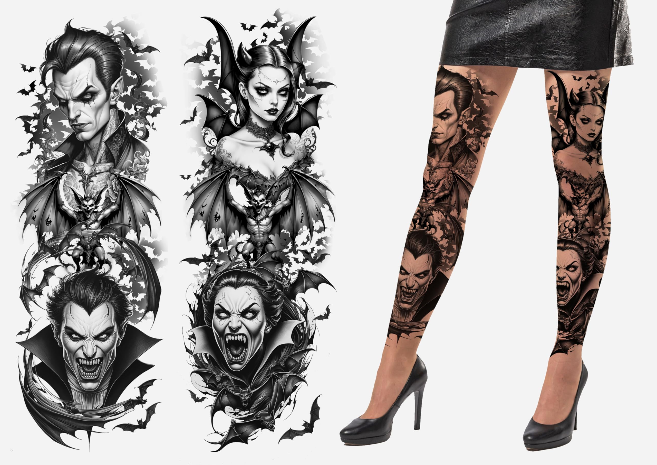 FIESTAS GUIRCA | Tattoo Effect Vampire Tights - (One Size) - Tights for Halloween Costumes and Vampire Parties - Makeup and FX Accessories for All Users - Black