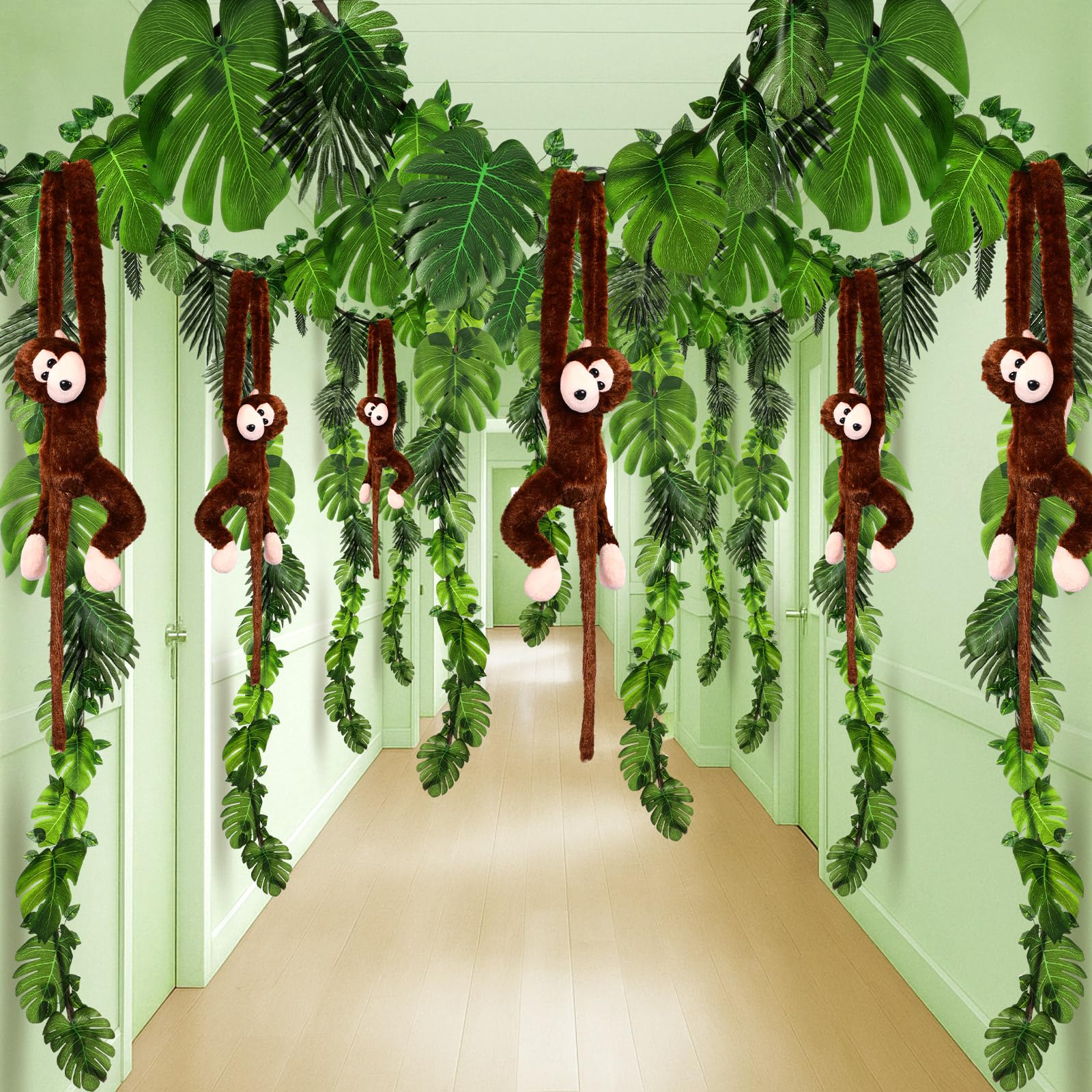 Suncalla 115 piezas de decoración de fiesta temática de la selva, 6 monos colgantes de peluche de 29 pies, vides Pothos de 40 pies, ratanes artificiales, 100 guirnaldas tropicales de hojas de palma