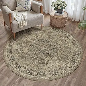 4x4 Washable Round Rug Brown Vintage Entryway Non Slip Low Pile Traditional Circle Area Rug Retro Distressed Soft Thin Accent Throw Rug for Entrance Dining Room Bathroom