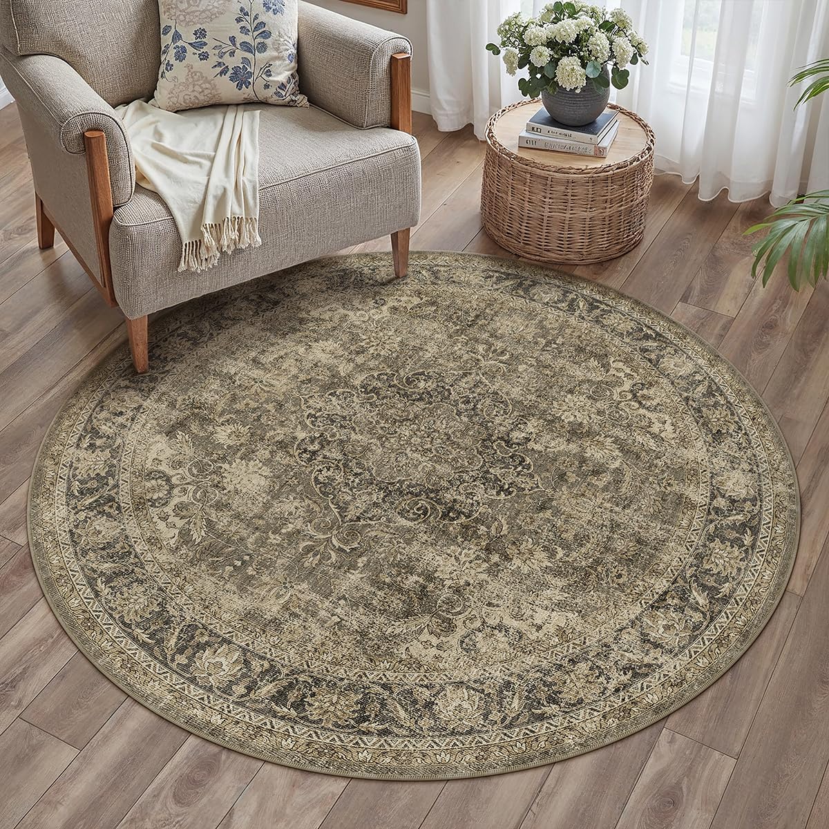 HUGEAR Waschbarer Braun Vintage Teppich Rund 150cm Runder Wohnzimmer Schlafzimmer Rutschfester Tepich Kurzflor Schlafzimmer Carpet Living Room Bedroom Esszimmer Teppiche Büro