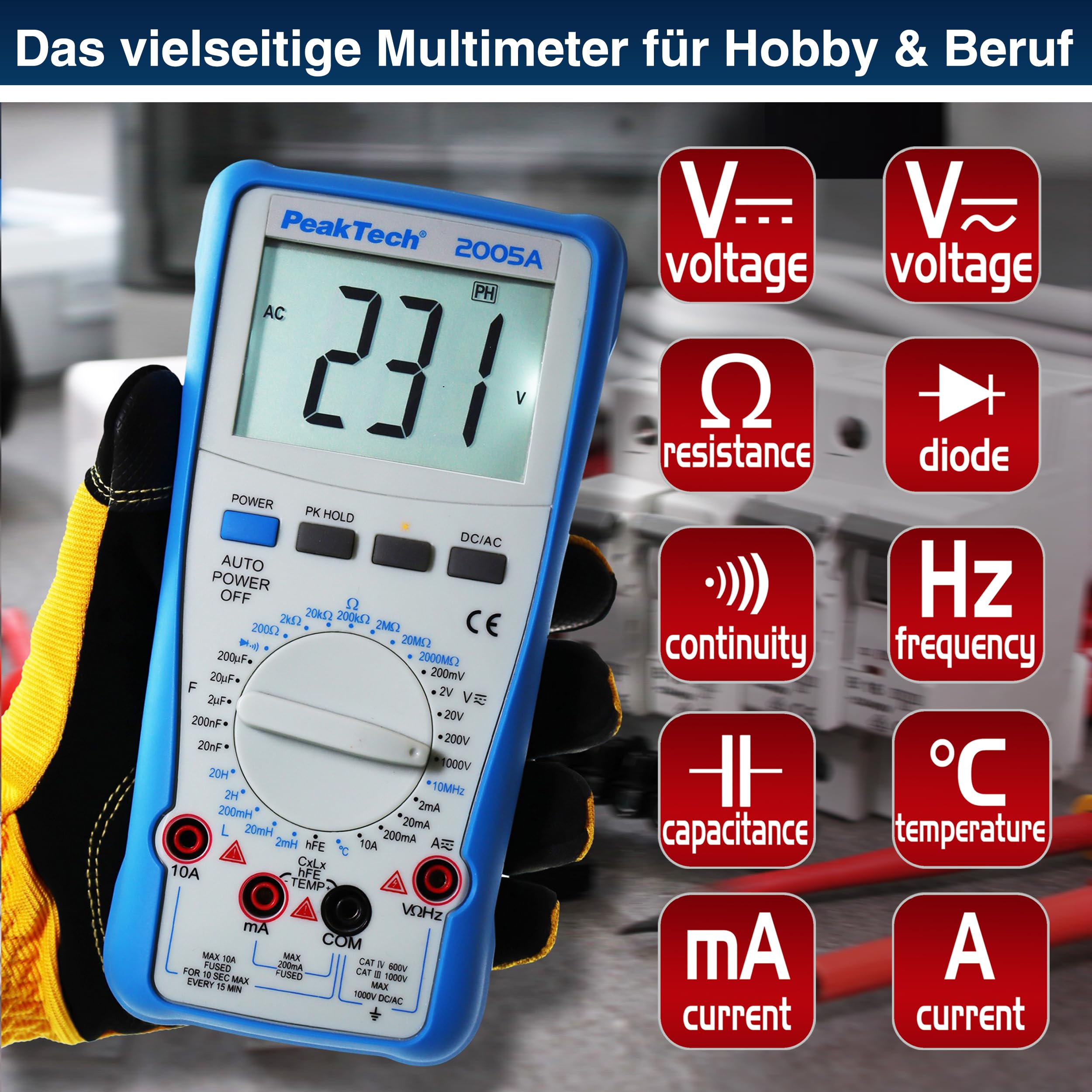 PeakTech P 2005 A – Digital Multimeter mit LCD-Anzeige – Strommessgerät mit 2000 Counts – Profi-Messgerät für Elektriker mit Auto-Hold Funktion – CAT III 1000V – Blau