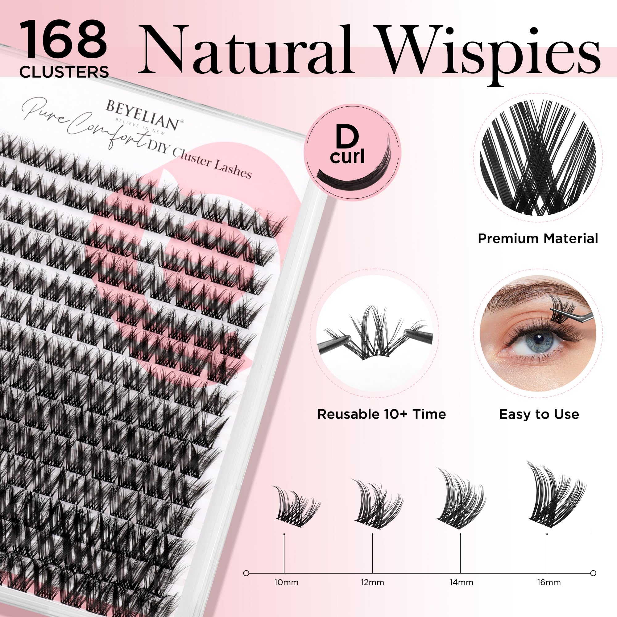 BEYELIAN Cluster Lashes, D Curl Cluster Eyelash Extensions, 168 Pcs Wispy Natural Look Lash Clusters Super Thin Band - Image 2