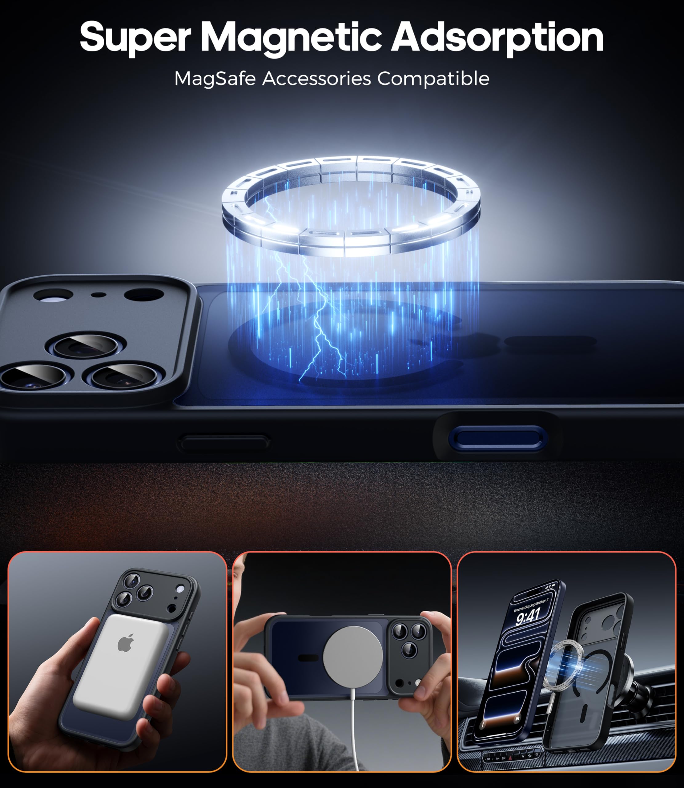 FLLAO Magnetica Cover per iPhone 17 Pro e 2 Pellicole in Vetro Temperato, Custodia iPhone 17 Pro Compatibile con Magsafe, Traslucida Opaca Posteriore Sottile Antiurto Protettiva Case, Nero