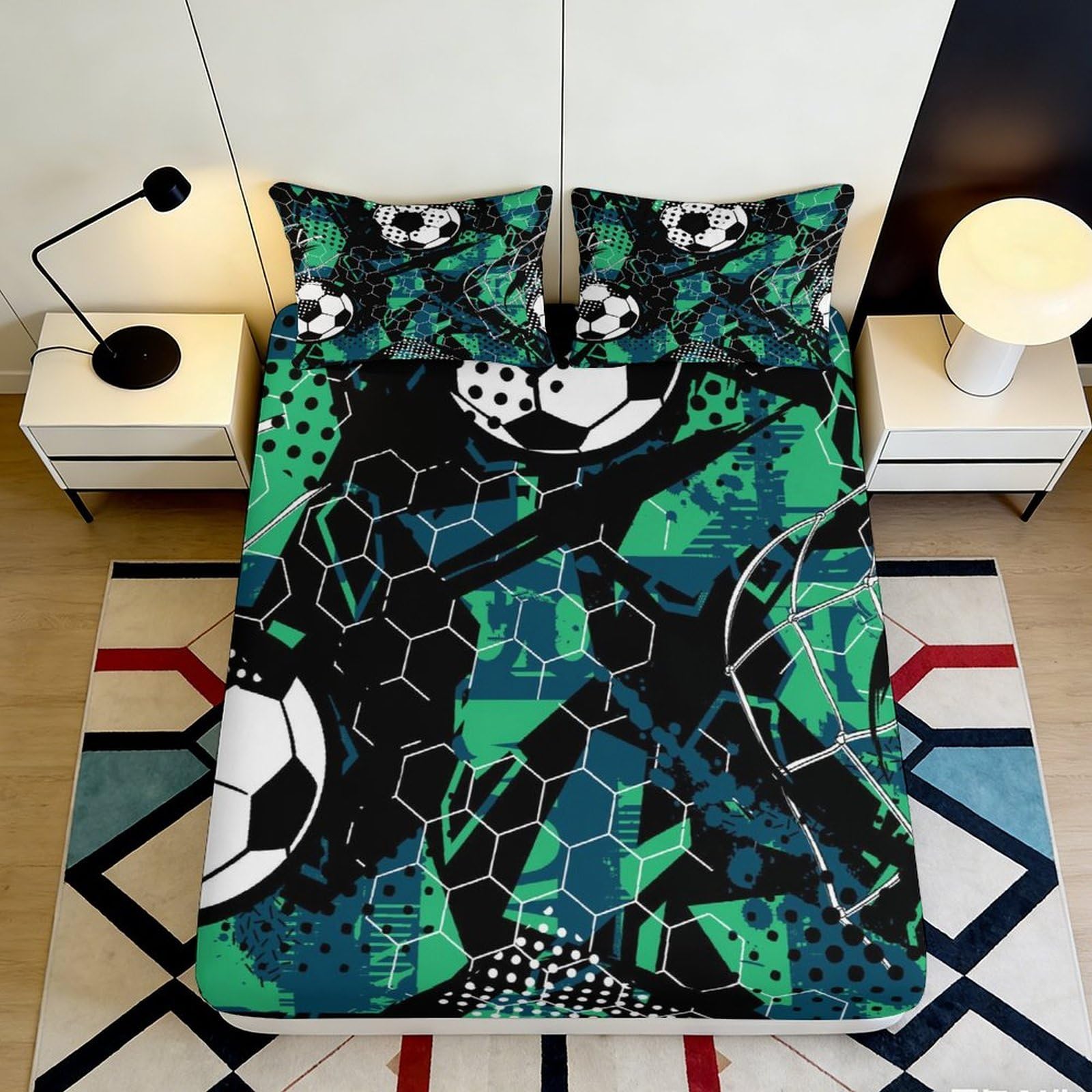 3D Printed Football Pattern Fitted Sheet Microfiber Soft Breathable Geometric Soccer Ball Bed Cover for Bedroom Dormitory Guest Mattress Protection 90x200x25cm