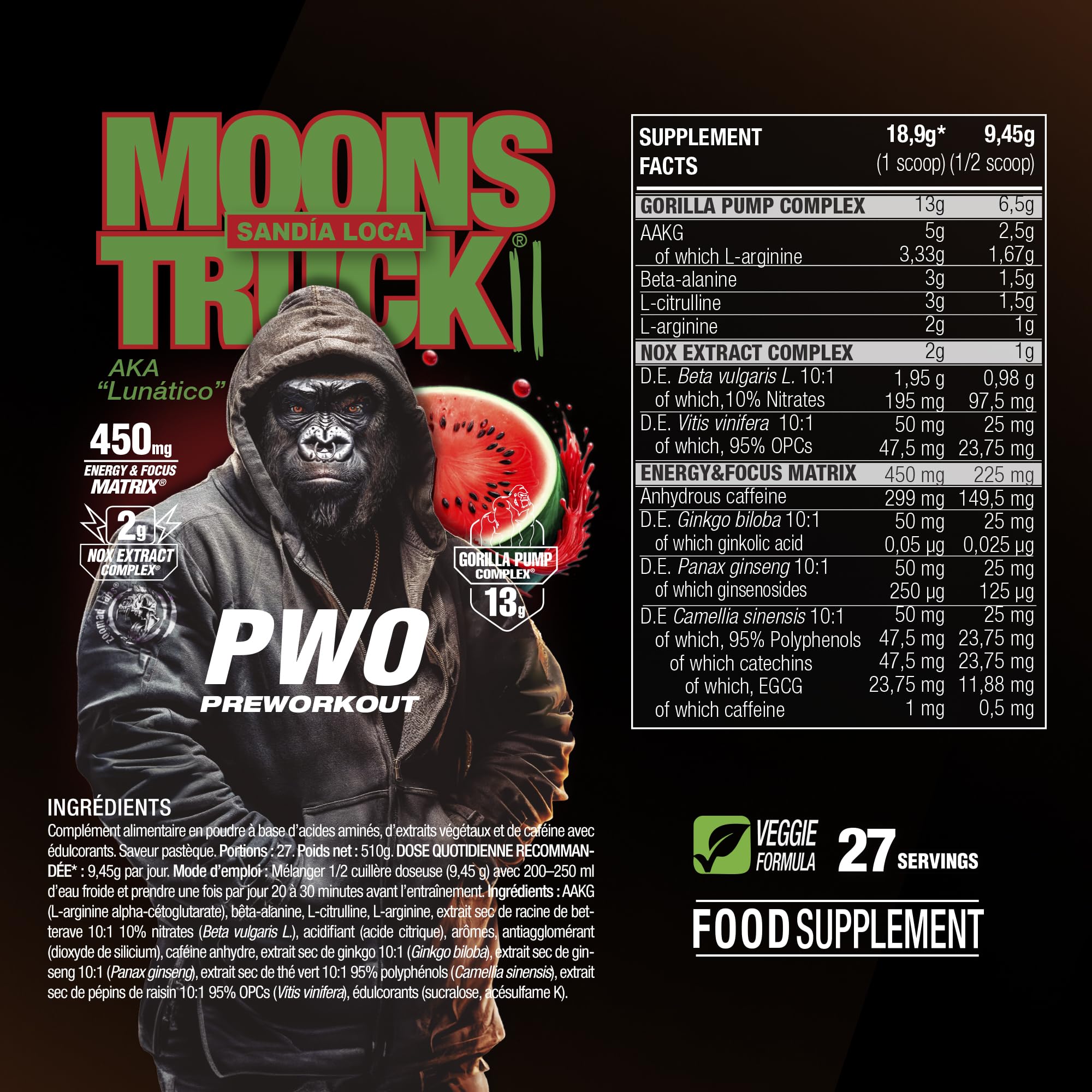 Zoomad Labs Moonstruck II Pre-Workout 510 g — Pre Workout Puissant Citrulline Bêta-Alanine AAKG · Gorilla Pump 13 g · Nitrates Betterave · 299 mg Caféine · 27 Doses