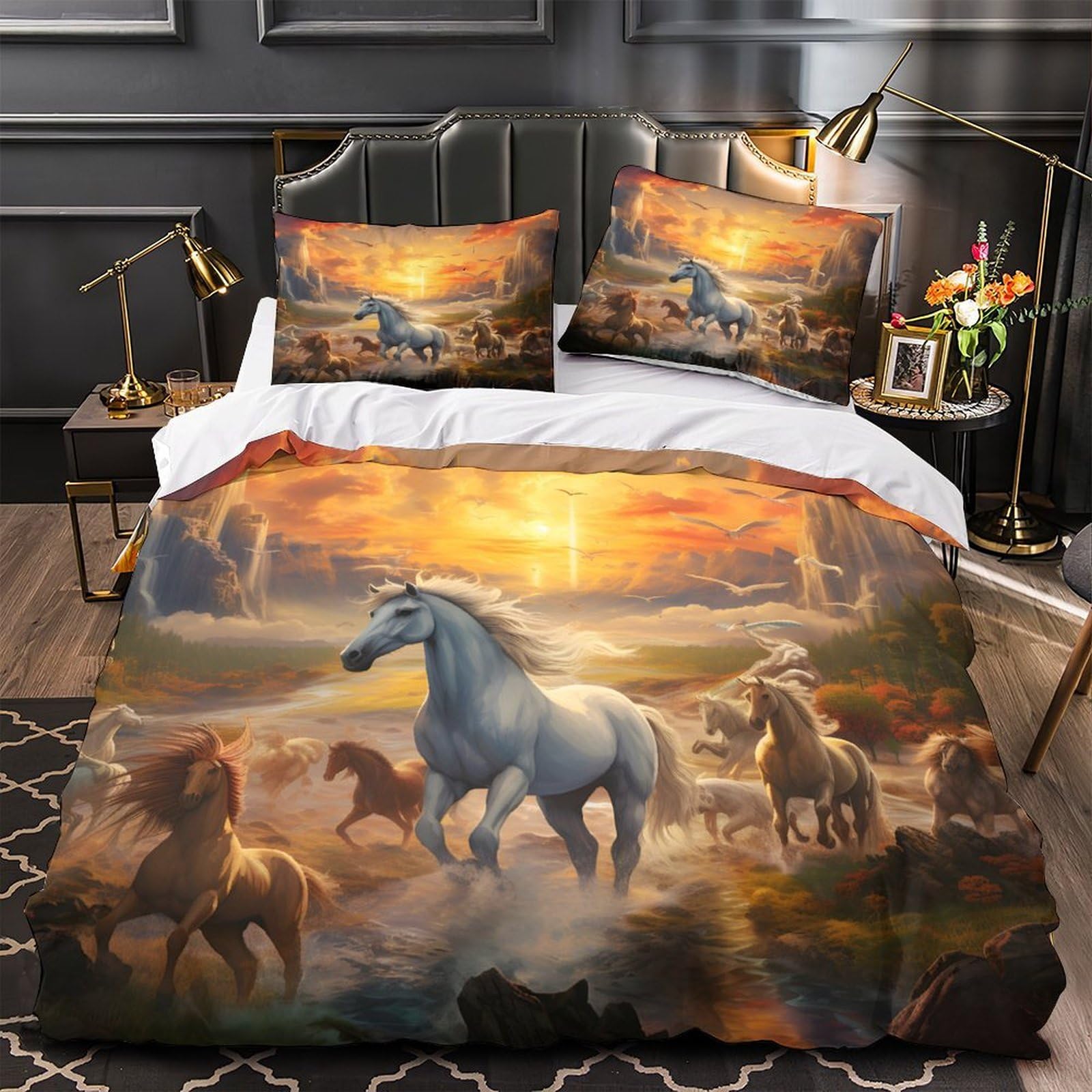 Housse de couette chevaux sauvages contre les allergies avec taies d'oreiller lit double