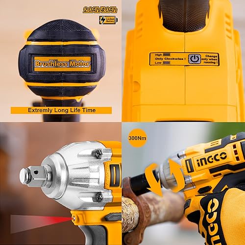 Miniatura 4 de INGCO Juego de llaves de impacto inalámbricas de 20 V llave de impacto sin escobillas de 12 pulgada con 2 baterías cargador rápido de 1 hora 3