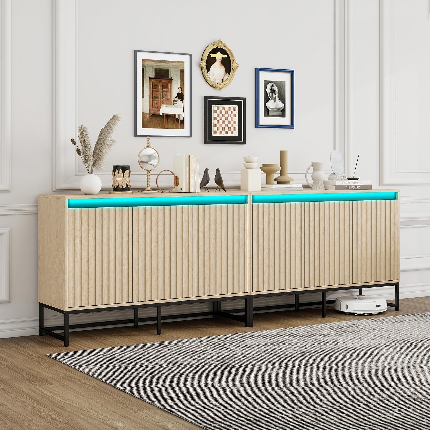 Fluted Sideboard Buffet Cabinet with Storage, 47" Wood Storage Cabinet with Doors and Adjustable Shelves LED Light, Modern Credenza for Kitchen,