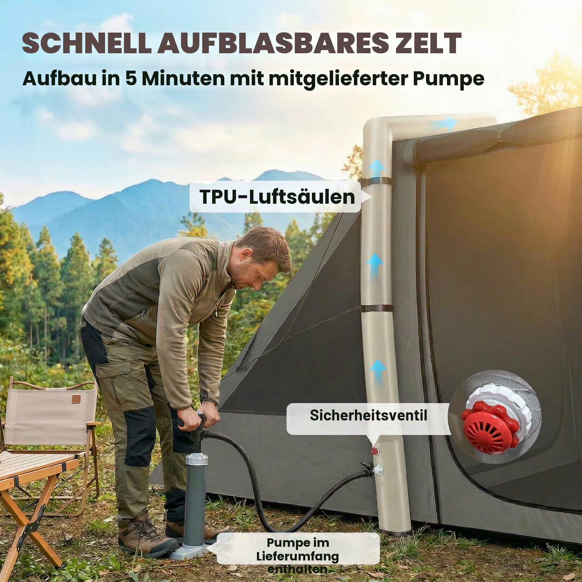 Outsunny Aufblasbares Campingzelt für 4 Personen, Blackout – Luftzelt 5,8 m lang mit 2 Schlafzimmern und Wohnzimmer – wasserdicht 3000 mm mit Pumpe, Sonnendach und fluoreszierenden Heringen