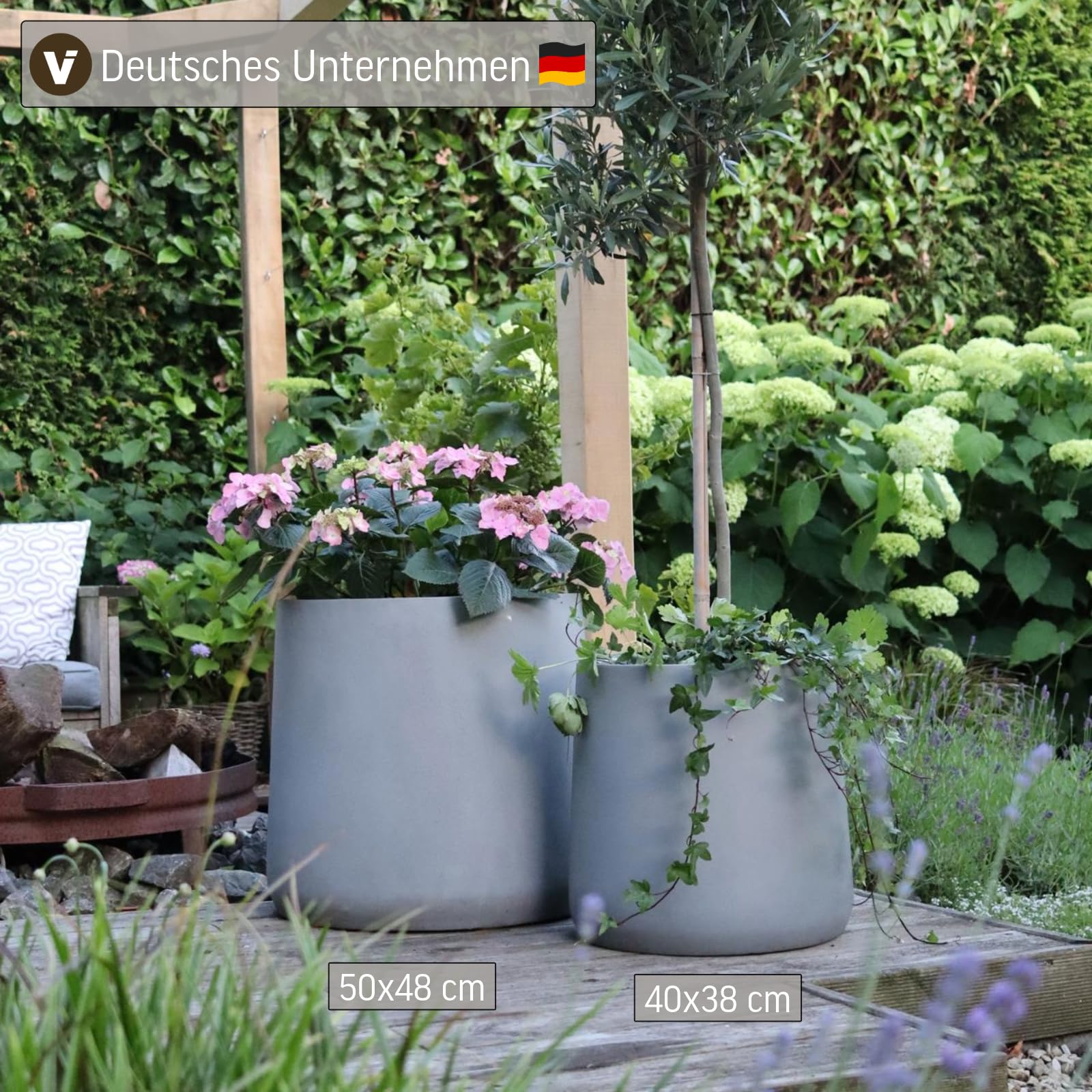 VIVANNO Pflanzkübel Blumentopf in Beton-Optik Fiberglas, 40x38 cm, Wetterfest und Frostsicher, Für Innen- und Außenbereiche