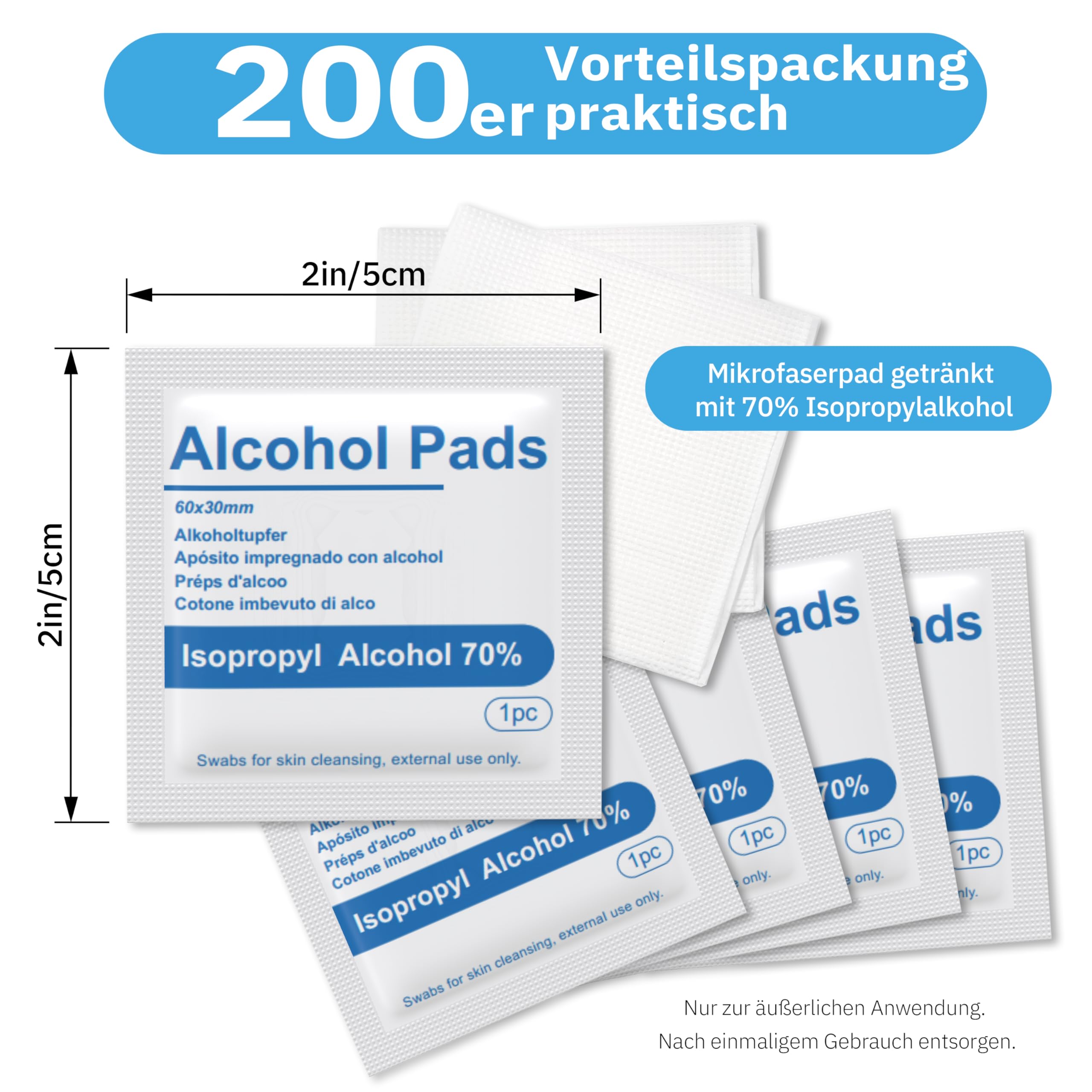 Linkfar Waciki nasączone alkoholem – 70% izopropanolu, chusteczki czyszczące do pielęgnacji skóry, okularów i powierzchni – higienicznie pakowane pojedynczo, 200 sztuk (3 x 6 cm)