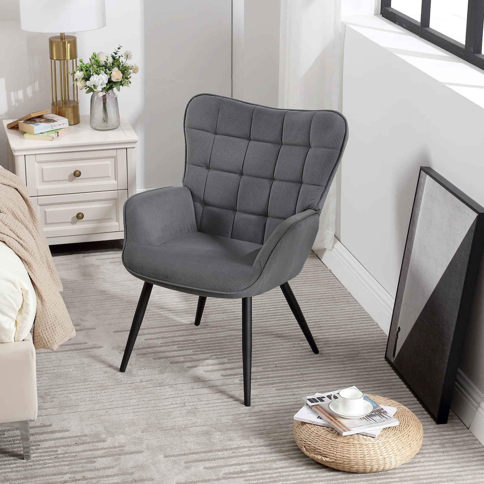 WOLTU Butaca de Salón, Sillón Relax Moderno, con Orejas, Gris Oscuro | Silla Individual para Dormitorio y Tocador, Tela de pana, Patas Metálicas, Silla Cómoda para Lectura u Ocio, 63,5x68x87 cm
