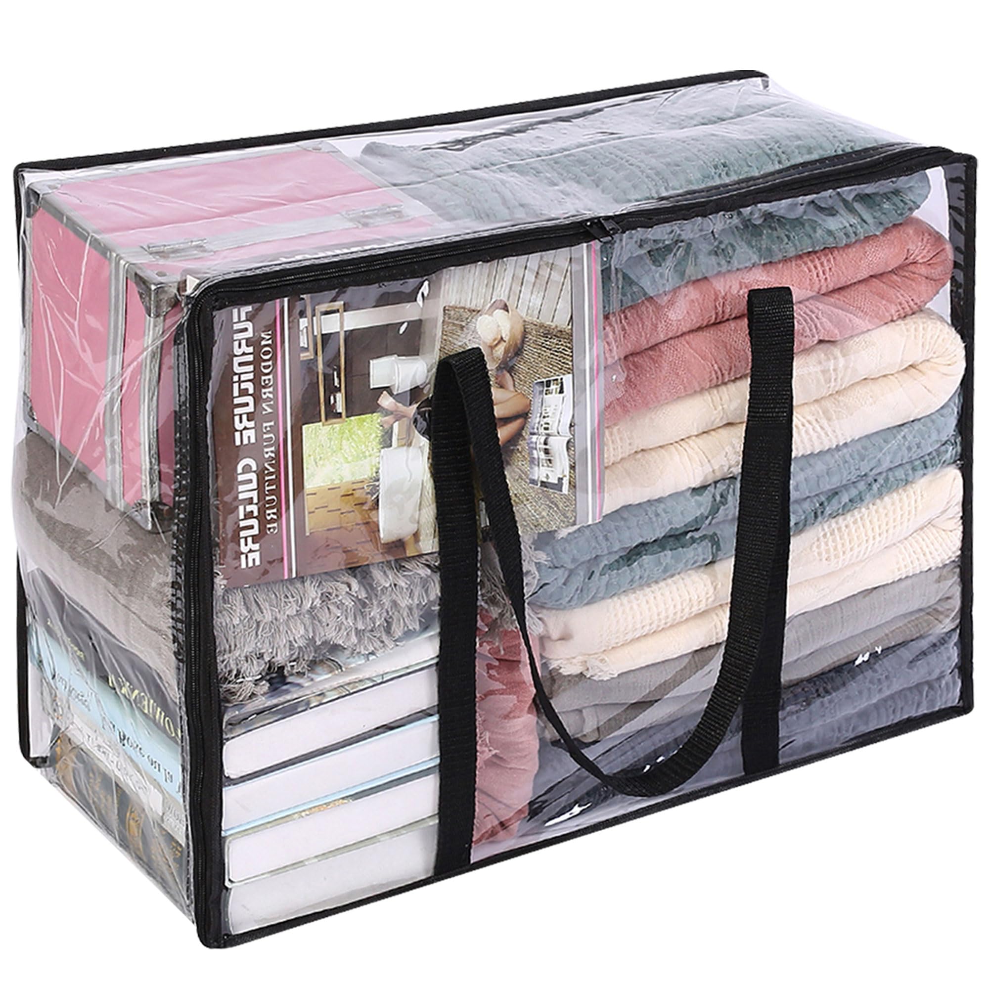 Vieshful 1 Pack Clear Storage Bags 40L Clothes Storage Bags with Zips Underbed Storage for Clothes, Duvet, Blankets, Toys Plastic Moving Bags Black