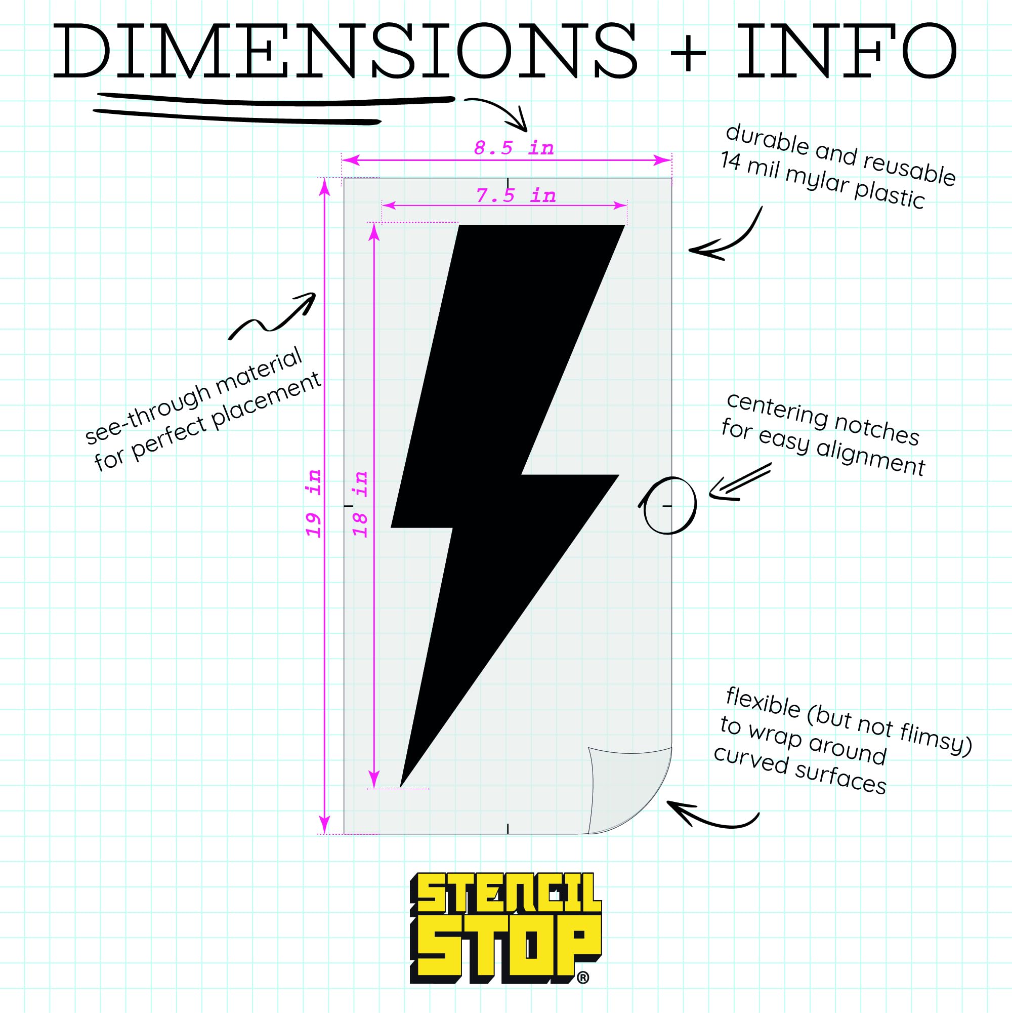 Stencil Stop Szablon Lightning Bolt – 19 x 45 cm – szablony wielokrotnego użytku do malowania na drewnie, ścianach, tkaninach i skałach, trwały plastik mylarowy 14 ml do majsterkowania i projektów