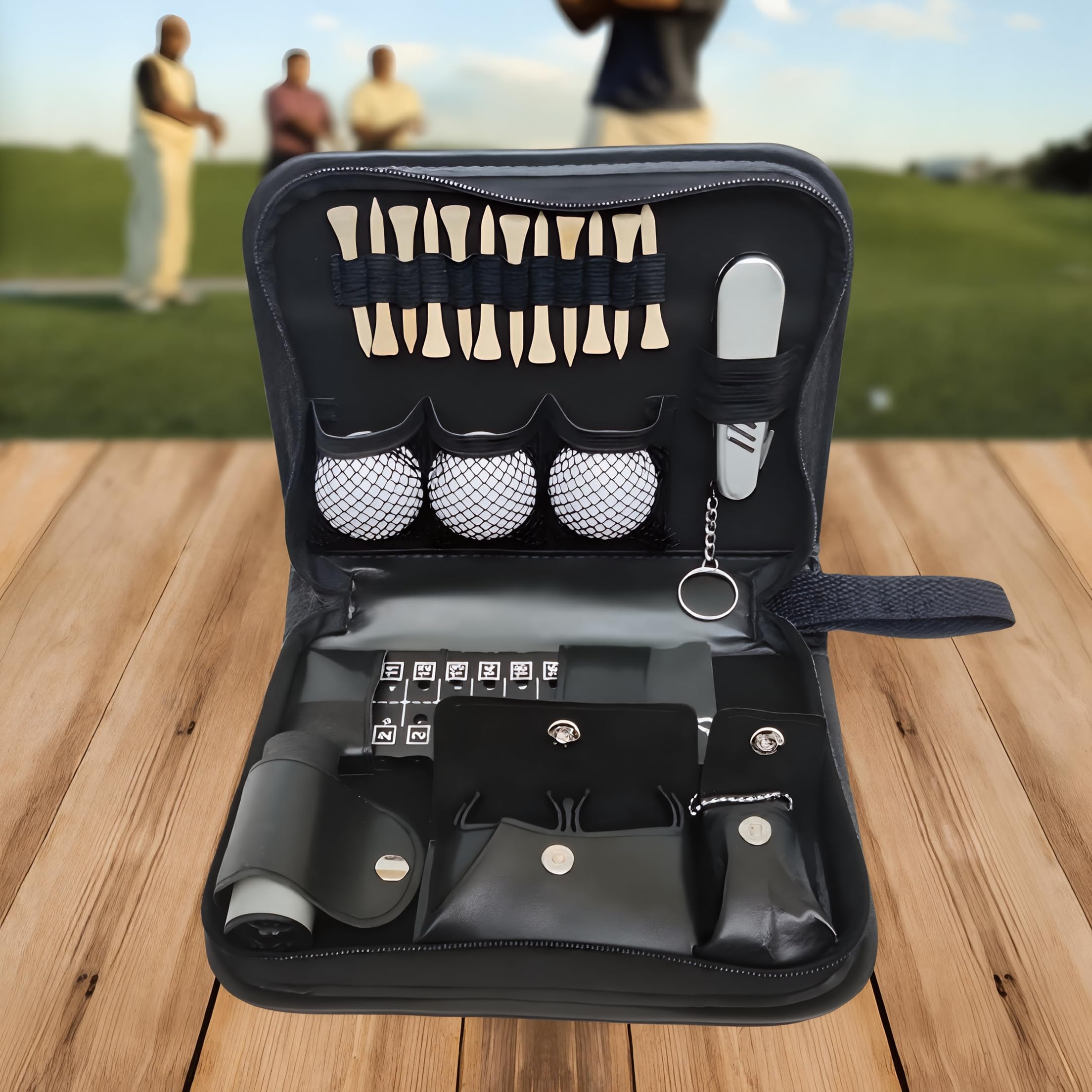 Stripe czarny zestaw akcesoriów golfowych, 3 piłki, 12 tee | Czarne etui z wizjerem 7x18, licznikiem, uchwytem na piłki, czyścikiem i multinarzędziem z nożem składanym