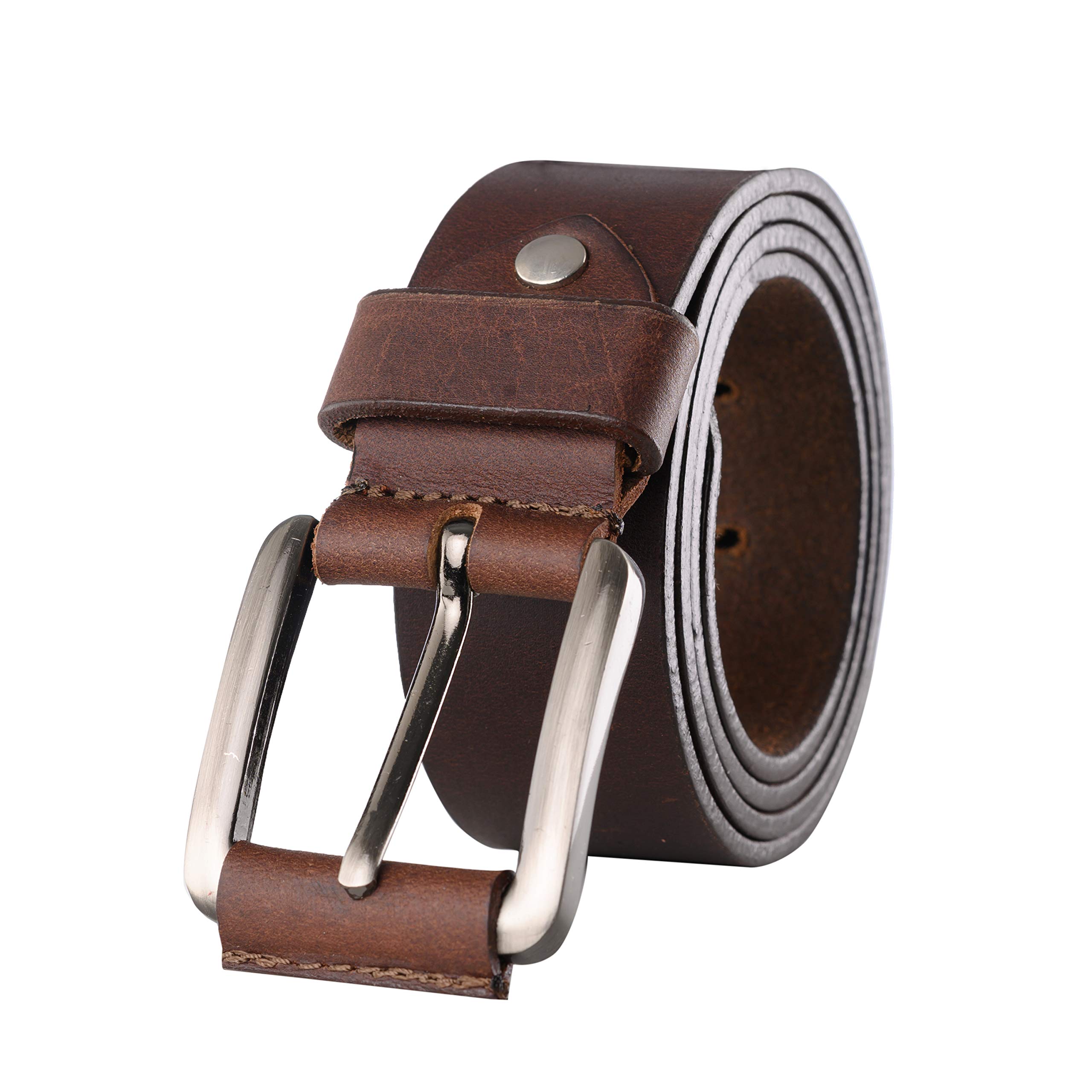 KERTZ Men's Leather Belt, Full Grain Leather with Anti-Scratch Pin Buckle, Great for Jeans, Casual, Cowboy & Work Wear, Brown, Waist Size in Inches 34-36