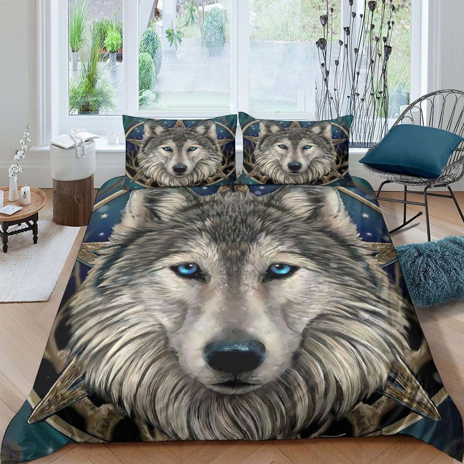 Ctjqhvkz Style-4 3D Printed Wolf Blue Eyes Fitted Sheet Microfiber Anti-Slip Animal Bed Cover For Bedroom Guest Room Decor Easy Care Single（135X200cm）