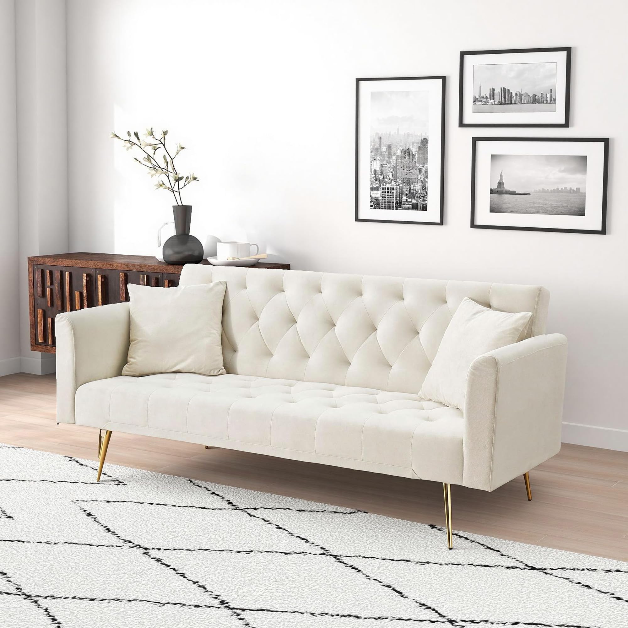 Photo 1 of ERYE 71" Velvet Upholstered Tufted Futon Sofa Bed for Bedroom Studio, Modern Upholstered Futon Sleeper Convertible Sofabed W/Golden Leg & Piows for Home Apartment,Loveseat
